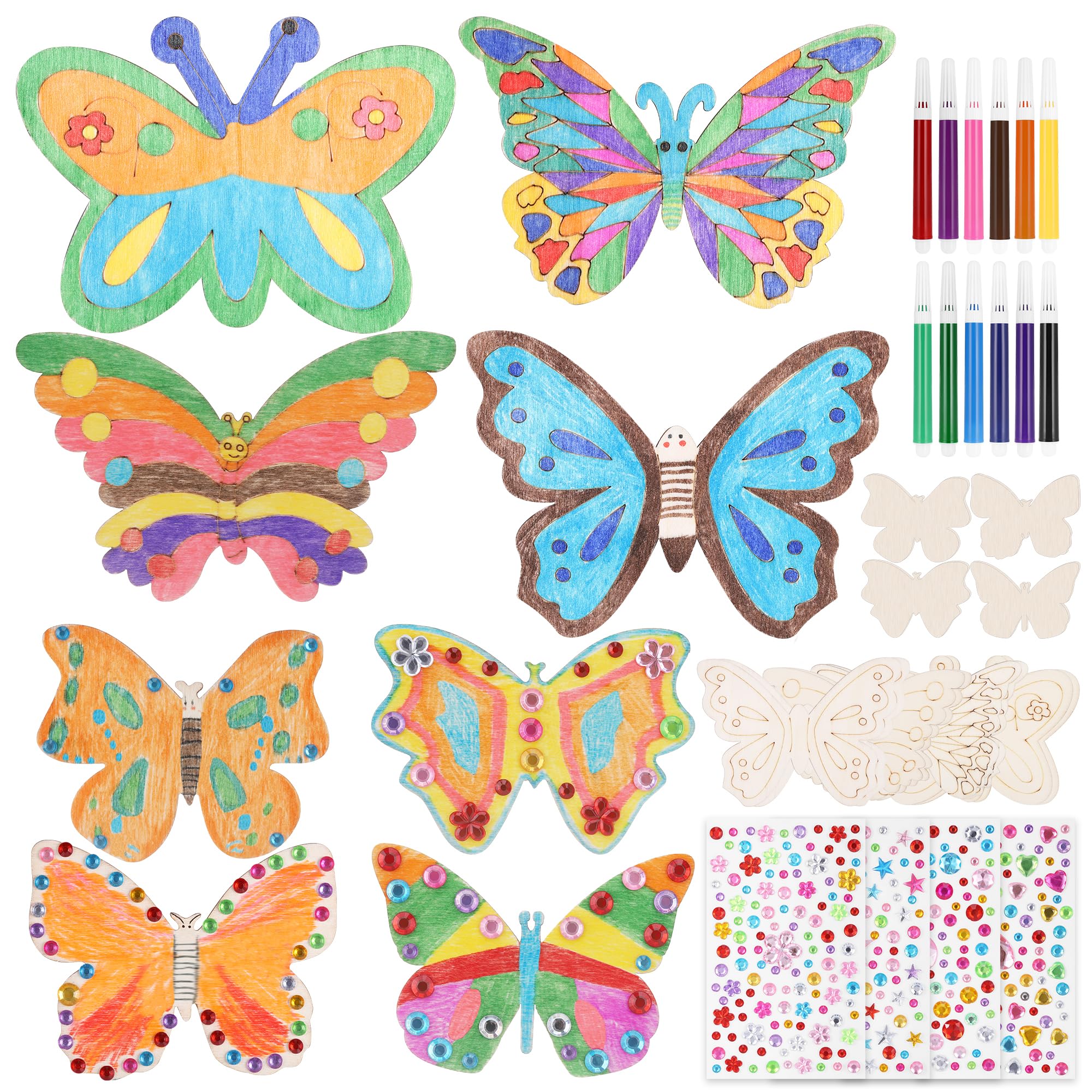 Kit DIY Enfant Papillons Et Fleurs En Bois – 24 Pièces à Peindre, Avec Crayons Aquarelle Et Autocollants – Loisir Créatif 7,5 Cm - 9