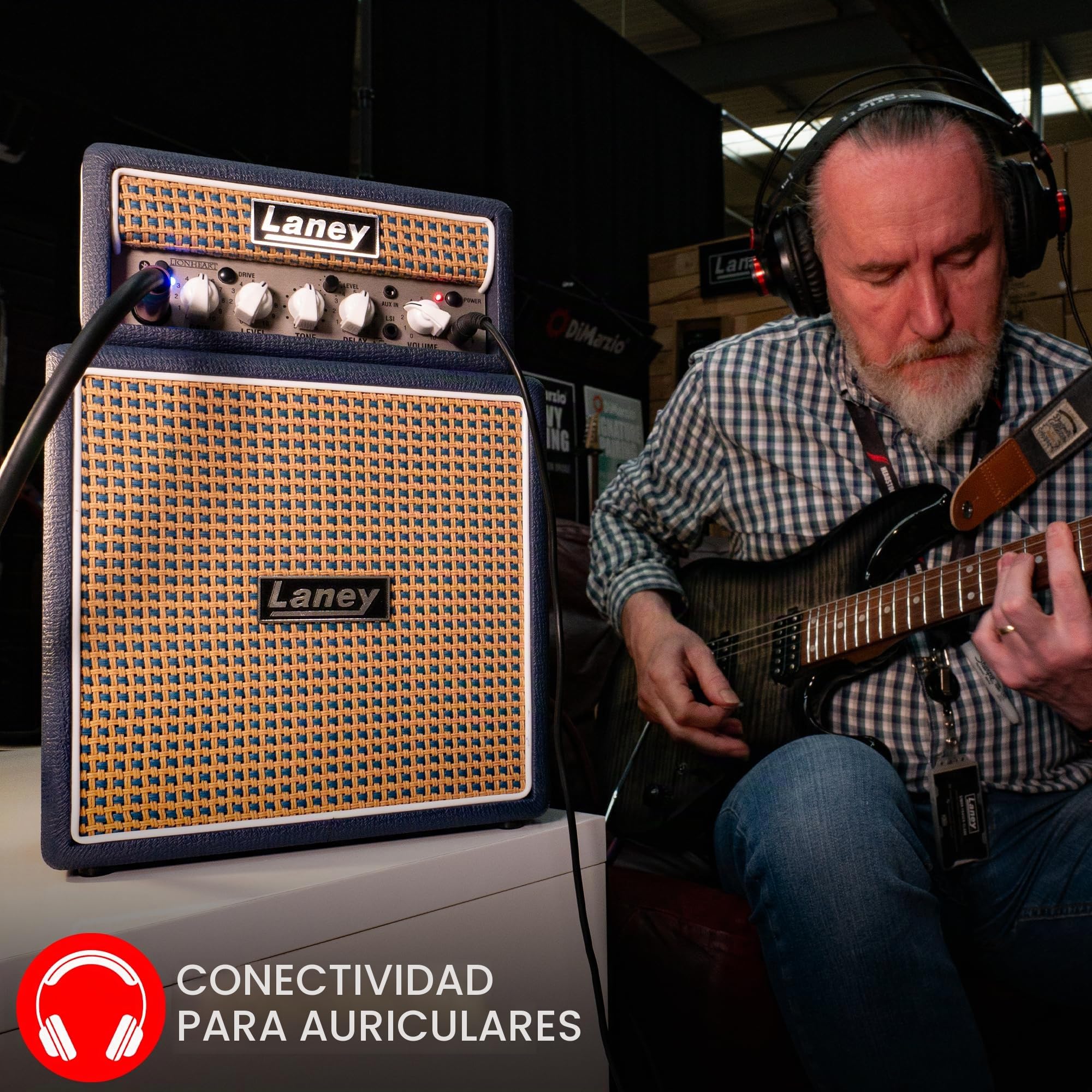 Laney MINISTACK-B Amplificador de guitarra Bluetooth – Mini pila portátil de 6W con batería - 4 altavoces, limpio/overdrive, retraso, entrada LSI para smartphone, entrada AUX - Lionheart
