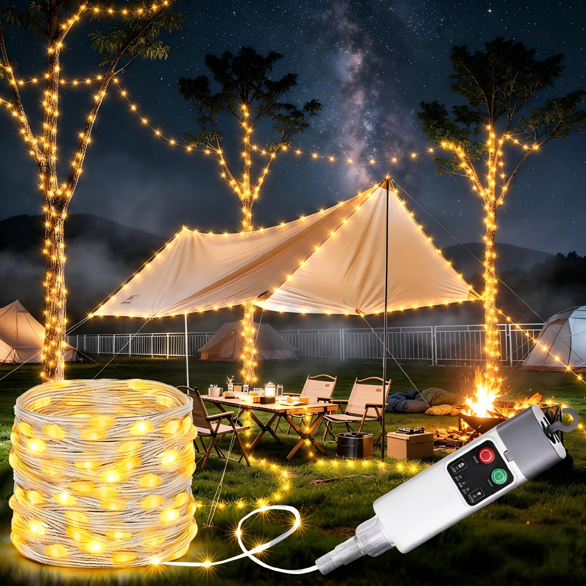Photo 1 of **UNTESTED**
Joomer Camping String Lights, Camping Essentials Gear 66FT 200LED Rechargeable Lights Waterproof, Outdoor String Light with 13 Modes for Awn Tent Yard Garden Hiking Travel Decoration (Warm White)
