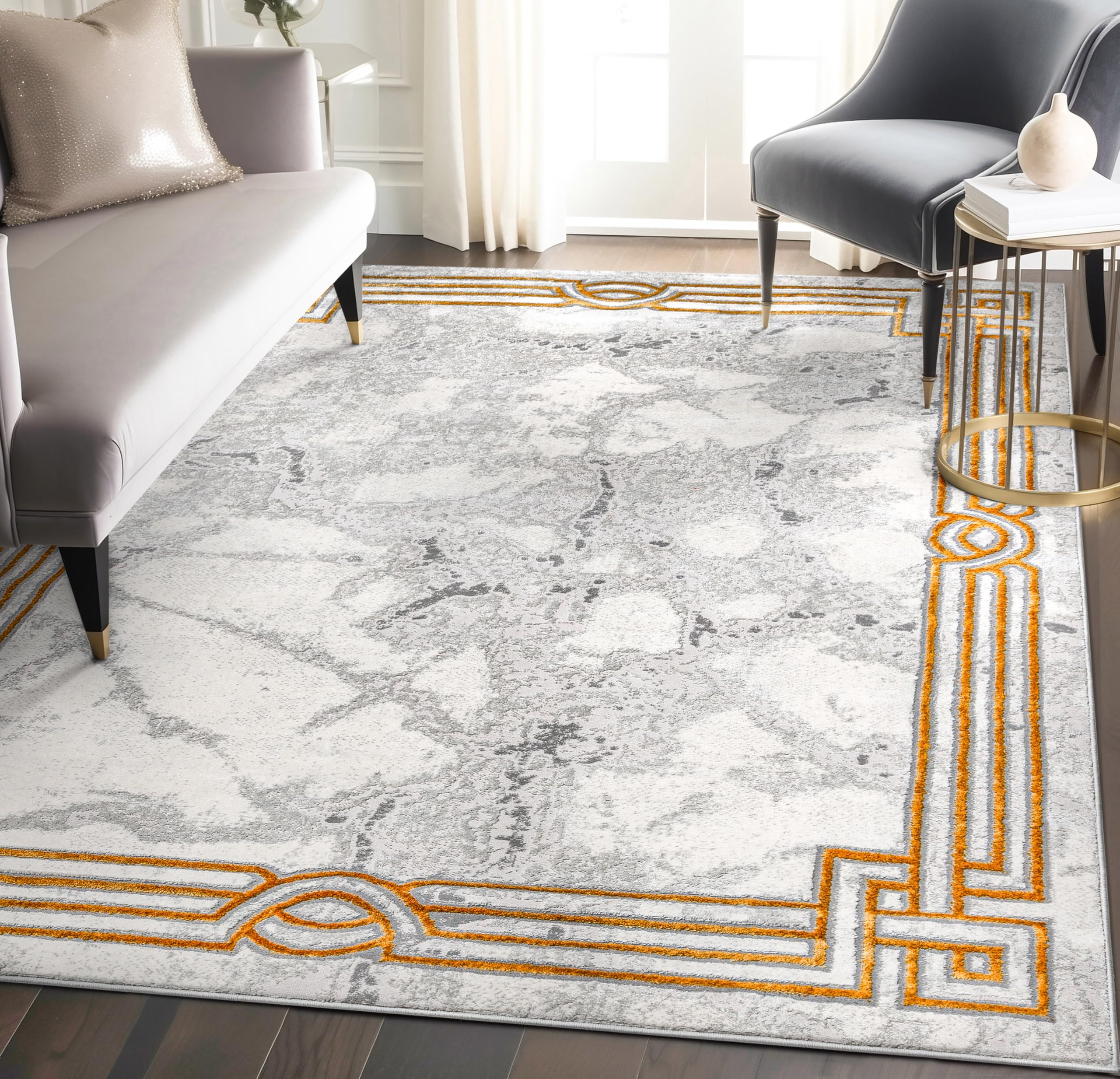 Well Woven Fairmont Collection Huntington Grey Gold & Ivory Marble Border Elegant & Soft 5x7 Area Rug Perfect for Bedroom & Living Room Durable Stain Resistant & Easy to Clean OEKO-TEX STANDARD 100