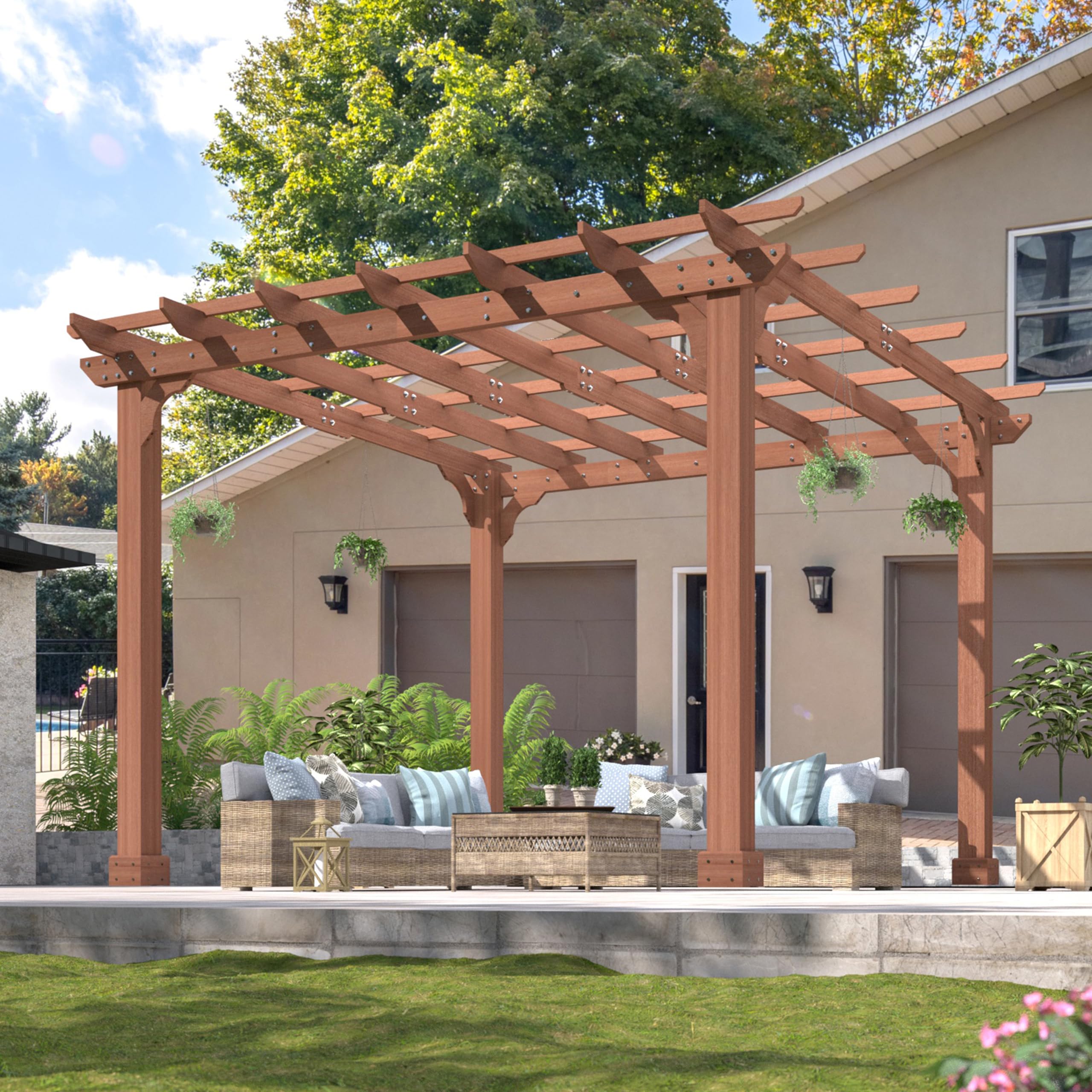 10x10 FT Wooden Pergola, Fir Wood Gazebo with Flat Roof, Outdoor Garden Shelter with Stakes Included, Patio, Deck, Backyard, Lawn