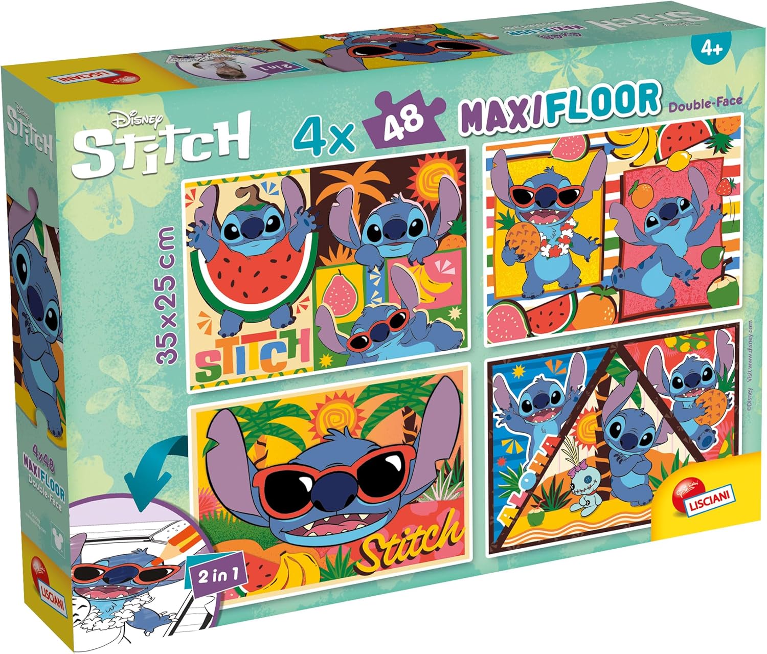 Lisciani - Disney Puzzle - LILO & Stitch Maxifloor - 4 x 48 Pieces - Double-Sided Puzzle for Children from 4 Years - Colouring Scenes on the Back - Format 35 x 25 cm - Creative Activity Idea Birthday