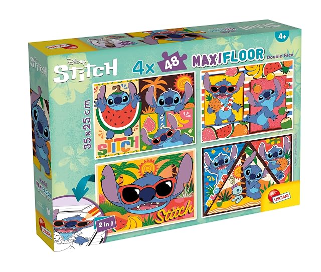 Lisciani - Puzzle DISNEY - LILO & STITCH Maxifloor - Puzzle 4x48 piezas doble cara niños 4+ - Reverso para colorear - 35x25 cm - Actividad creativa - Regalo cumpleaños