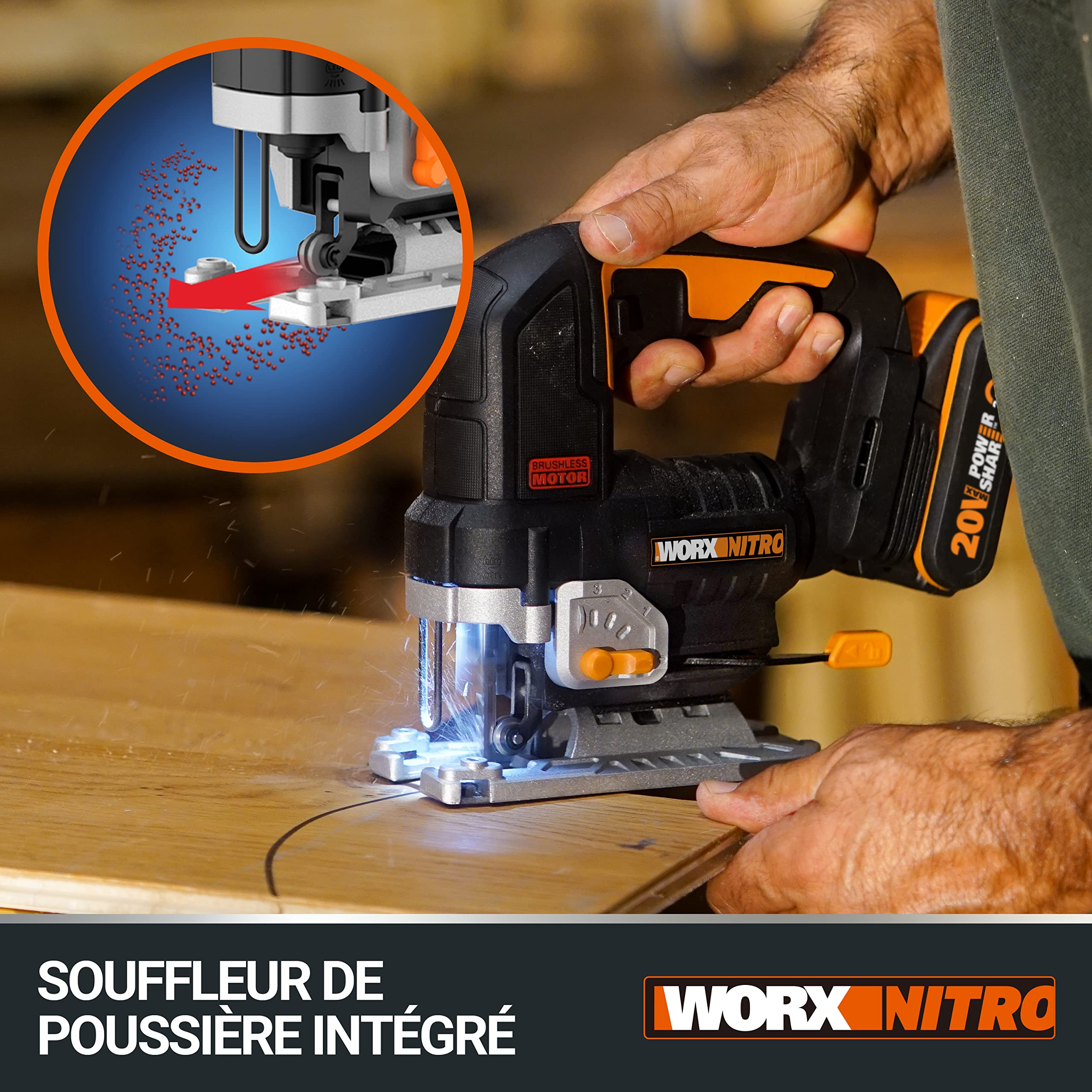WORX Scie Sauteuse sans Fil 20V WX542, Course de 29mm, Jusqu'à 120mm, Moteur Brushless, Multimatériaux, Vitesse Variable, Système pendulaire, Avec 1 Batterie 2,5Ah et Chargeur