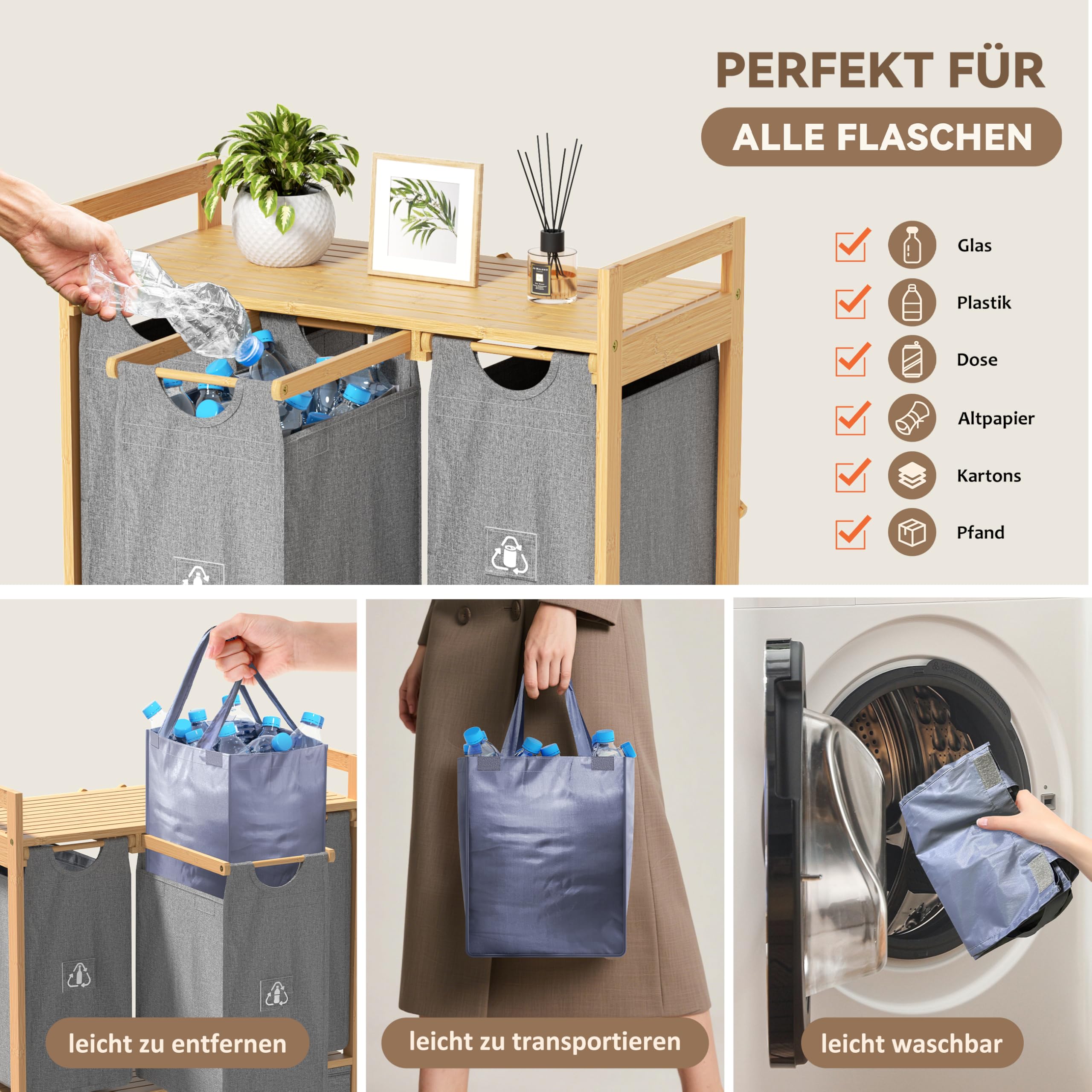 Mülleimer Küche 4 Fächer - Mülltrennsystem 4fach - Küchenmülleimer | MY FAT GORILLA Küchen Mülleimer - Mülltrennsysteme für PET, Glas, Dosen & Altpapier - Mülltrennsystem (Grau)