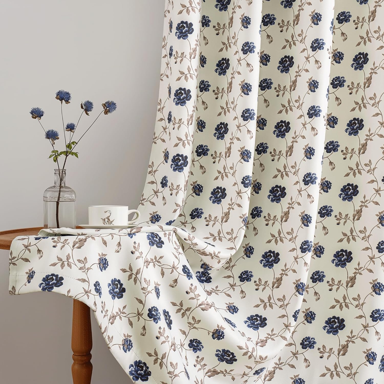 Beauoop Floral 100% Blackout Curtains 84 Inches Long 2 Panels for Bedroom Living Room Blue Brown on Beige Vintage Rose Flower Patterned Room Darkening Thermal Soundproof Grommet Window Drapes, 52X84