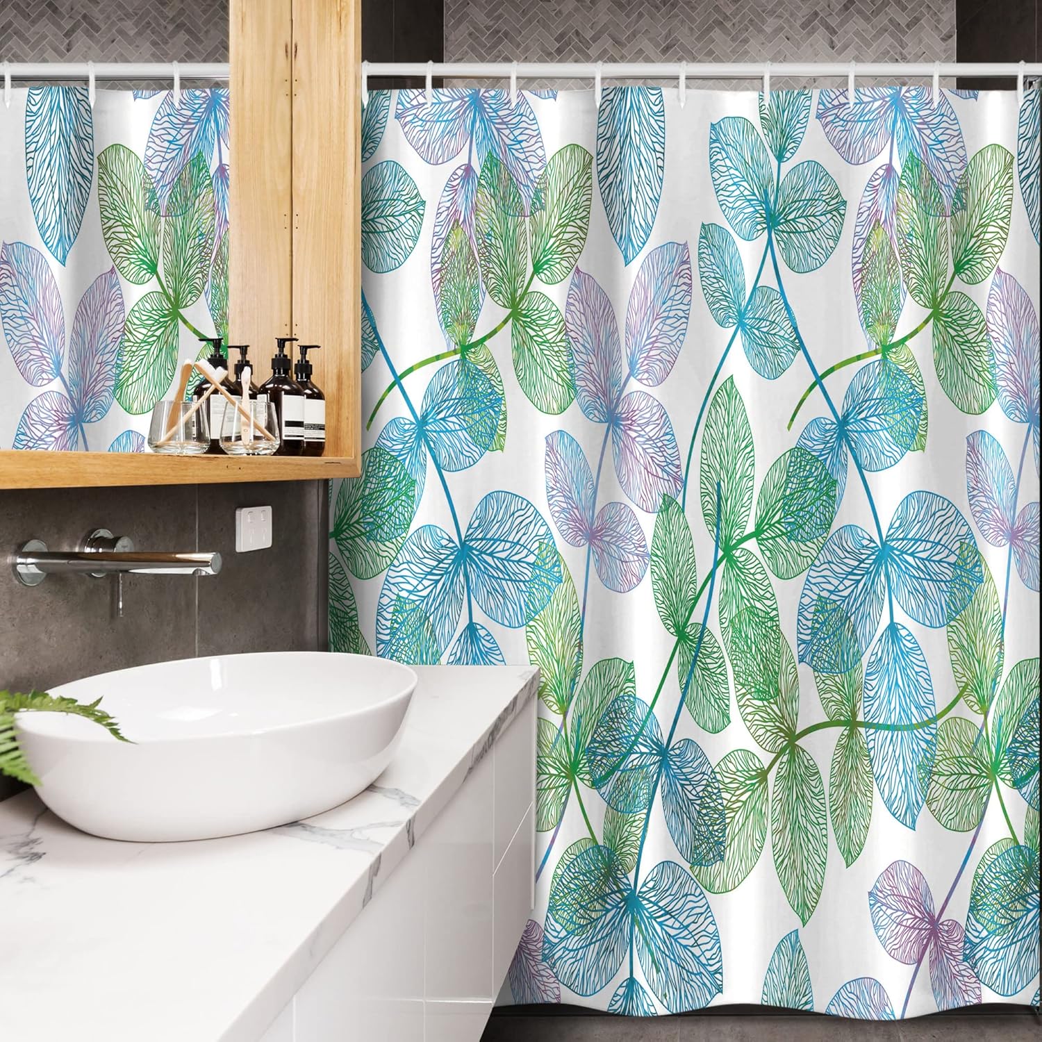 Ambesonne Floral Stall Shower Curtain, Flowers Leaves Ivy Vein Like Rainbow Ombre Colored Art Print, Fabric Bathroom Decor Set with Hooks, 54" W x 78" L, Fern Green Pale Blue