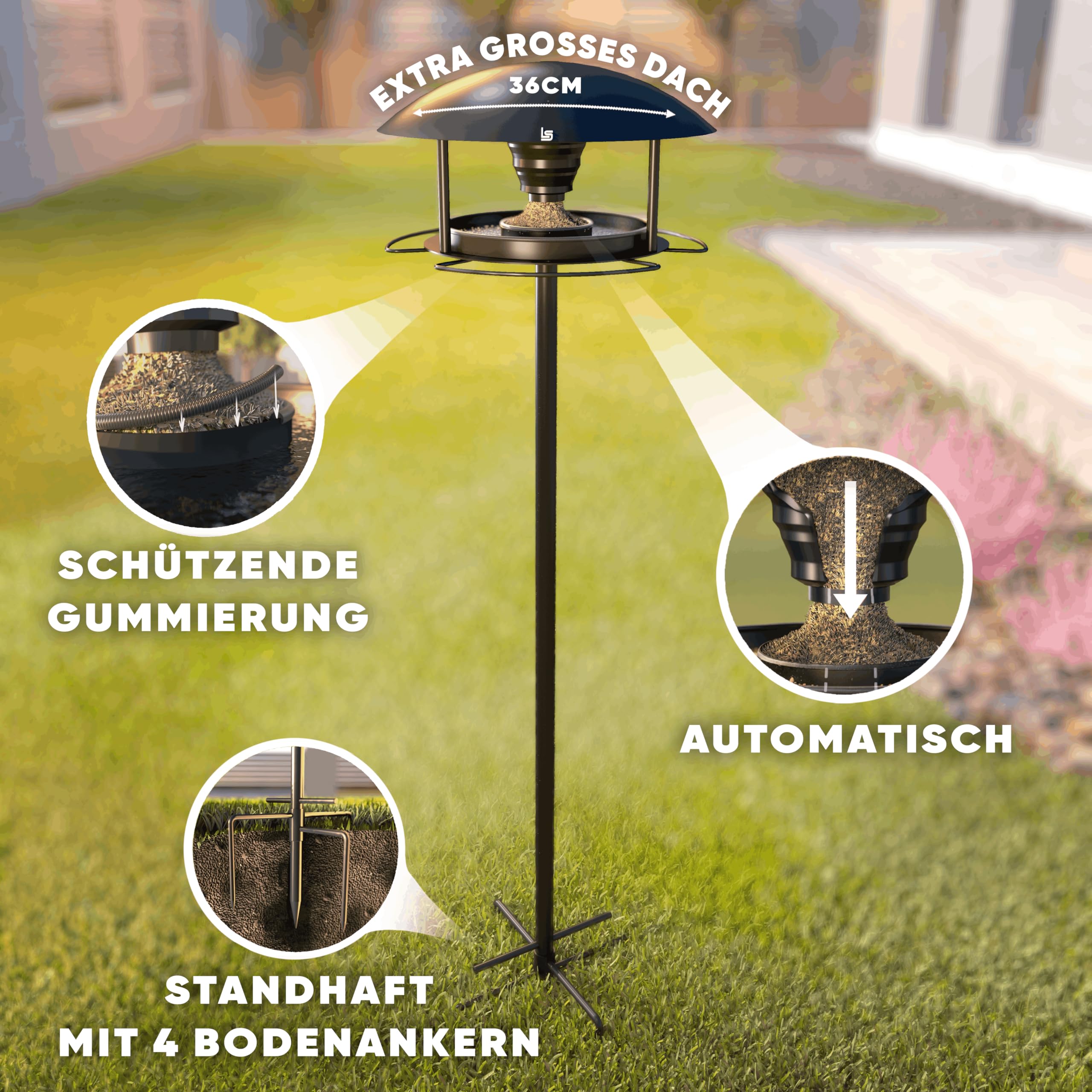 Vogelhaus mit Ständer Wetterfest – Vogelfutterspender & Vogeltränke [3 in 1 XXL] Vogelfutterhaus Metall | Robustes Futterhaus für Vögel, Garten & Balkon – Schenk