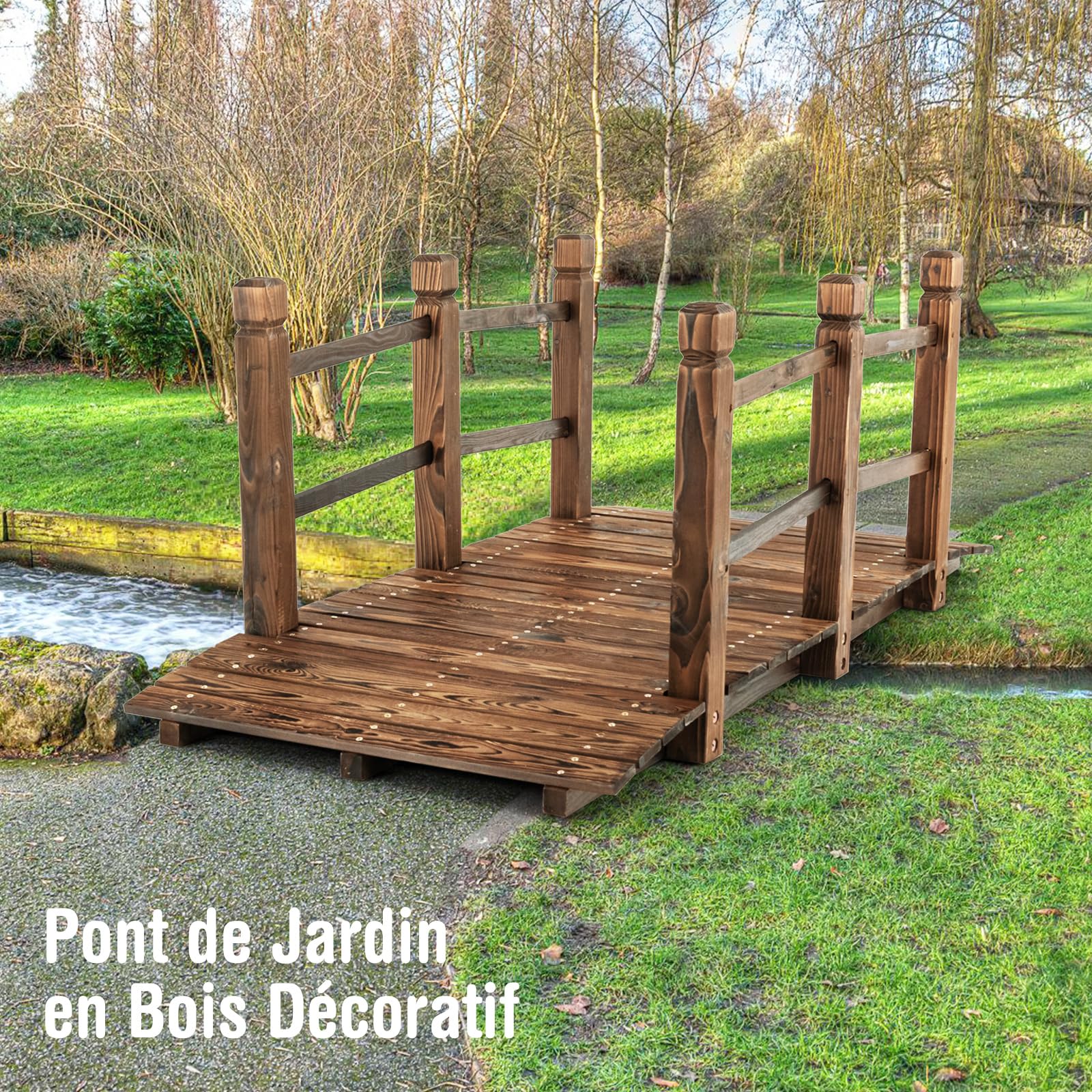 COSTWAY Pont de Jardin en Bois de Sapin Carbonisé Charge Maximale 150KG, Pont sur Étang 150 x 67 x 55 cm avec Double Garde-Corps de Sécurité, Décoration du Jardin pour Patio Cour (Marron foncé)