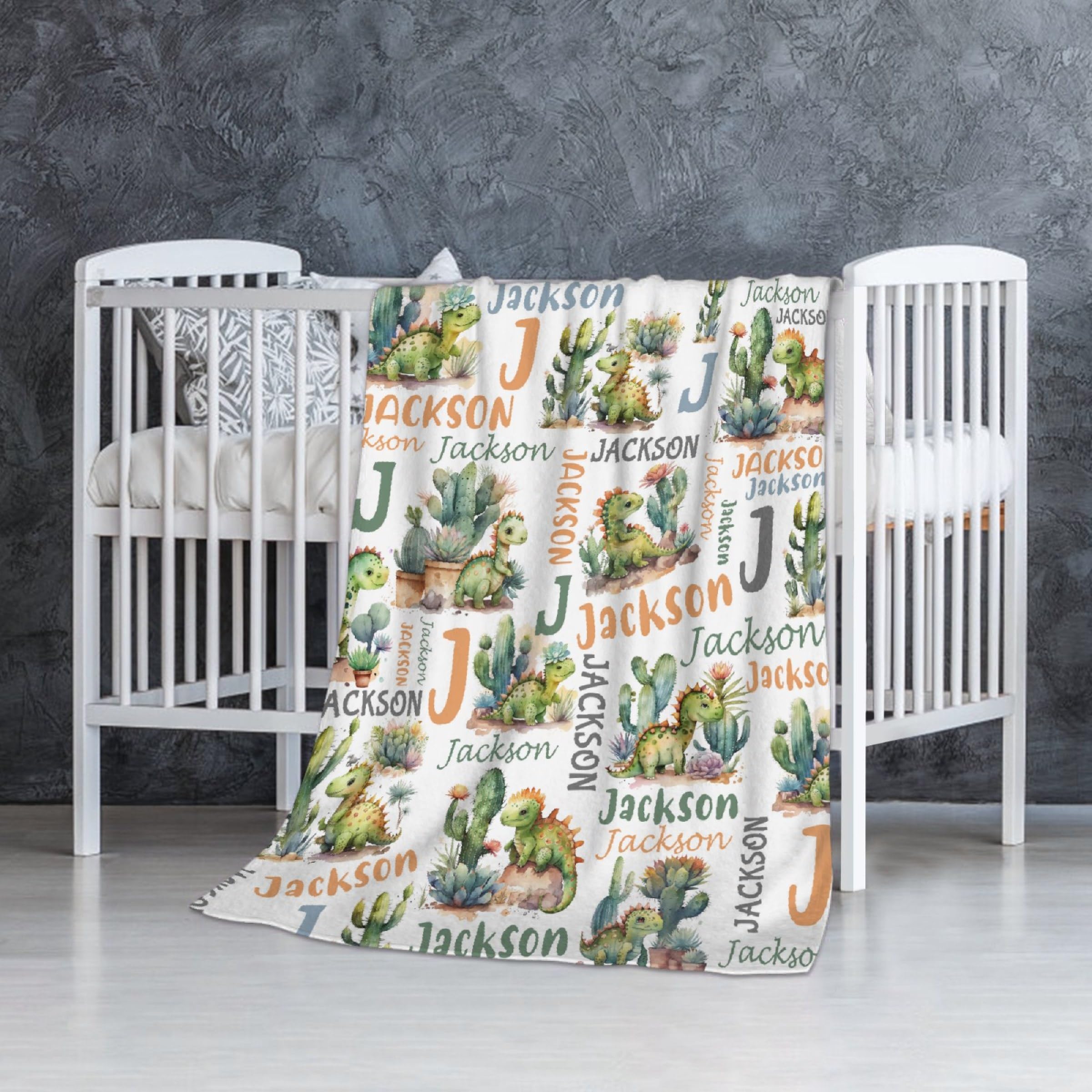 Todeyya Personalized Dinosaurs Cactus Baby Blanket Gifts Custom Dinosaurs Toddler Blankets for Boys Dinosaurs Plush Throw Blanket, Personalized Dinosaurs Cactus Bedding Room Decor 30