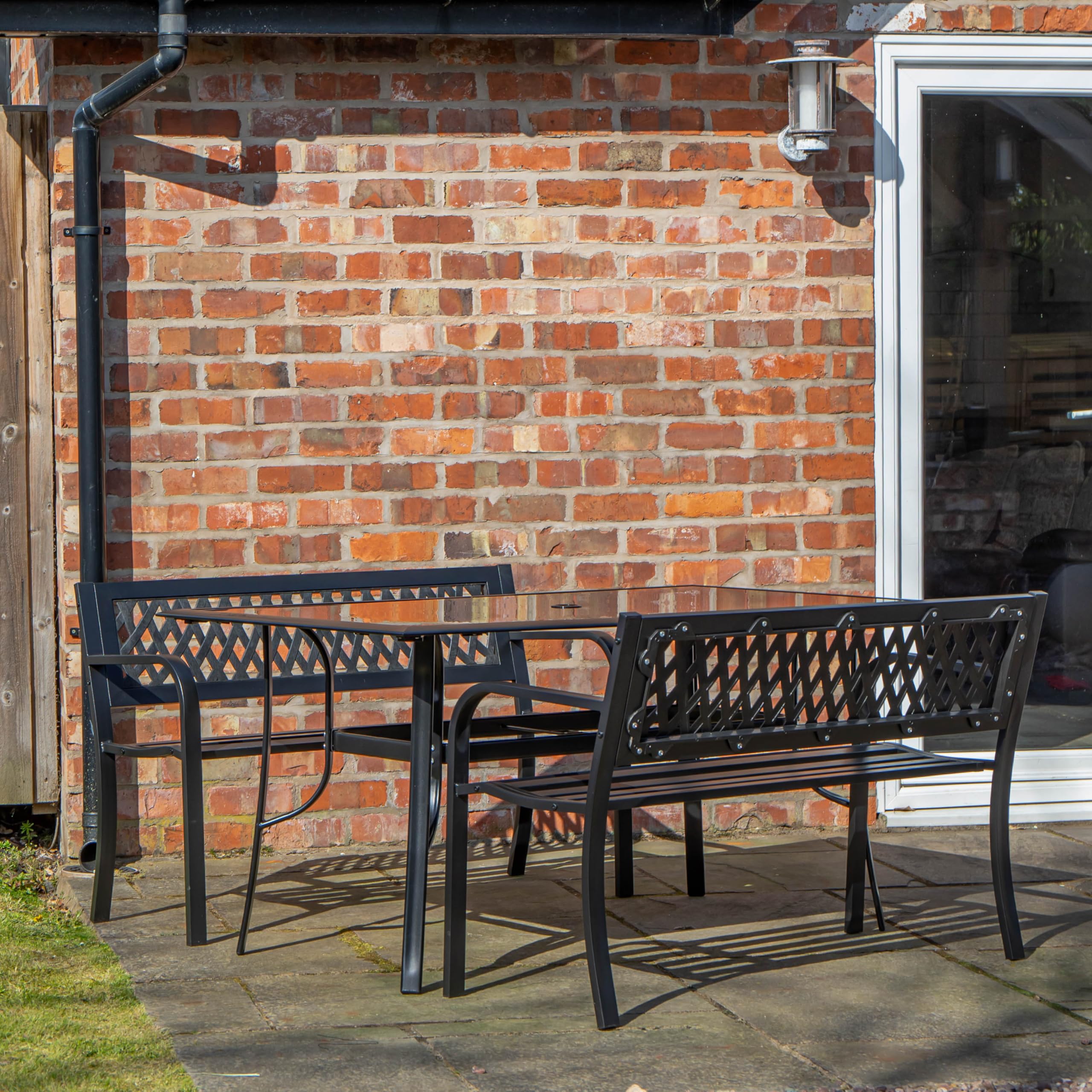Samuel ALEXANDER Outdoor 4 Person Rectangular Glass Top Garden Dining Table and 2 Benches Set