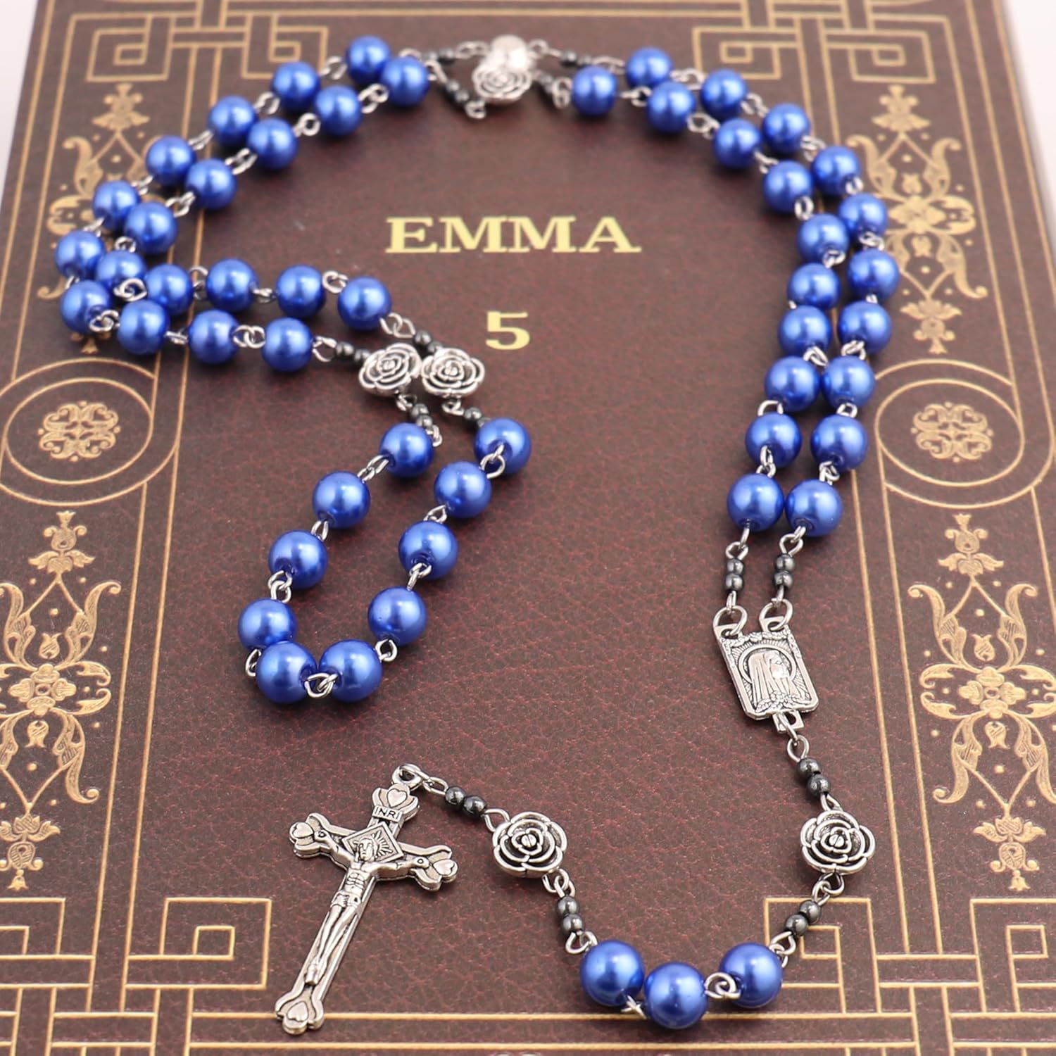 Nazareth Store Pearl Beads Rosary Metal Mystery Roses with Hematite stones, Catholic Rosary Necklace Our Rose Lourdes Medal & Cross Crucifix - Image 7