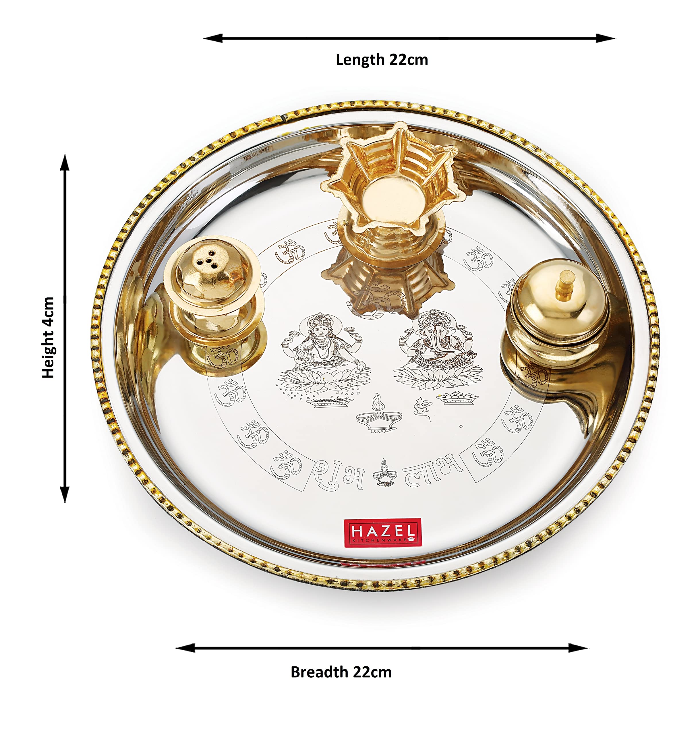 HAZEL Stainless Steel Puja Pooja Aarti Thali Set | 22 cm with 1 Pc Diva | Agarbatti Incense Holder and Kumkum Wati 2