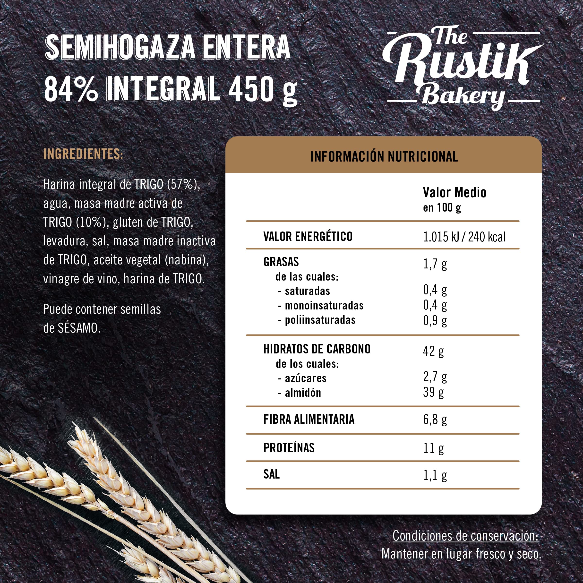 The Rustik Bakery - Semi hogaza integral, 400 g