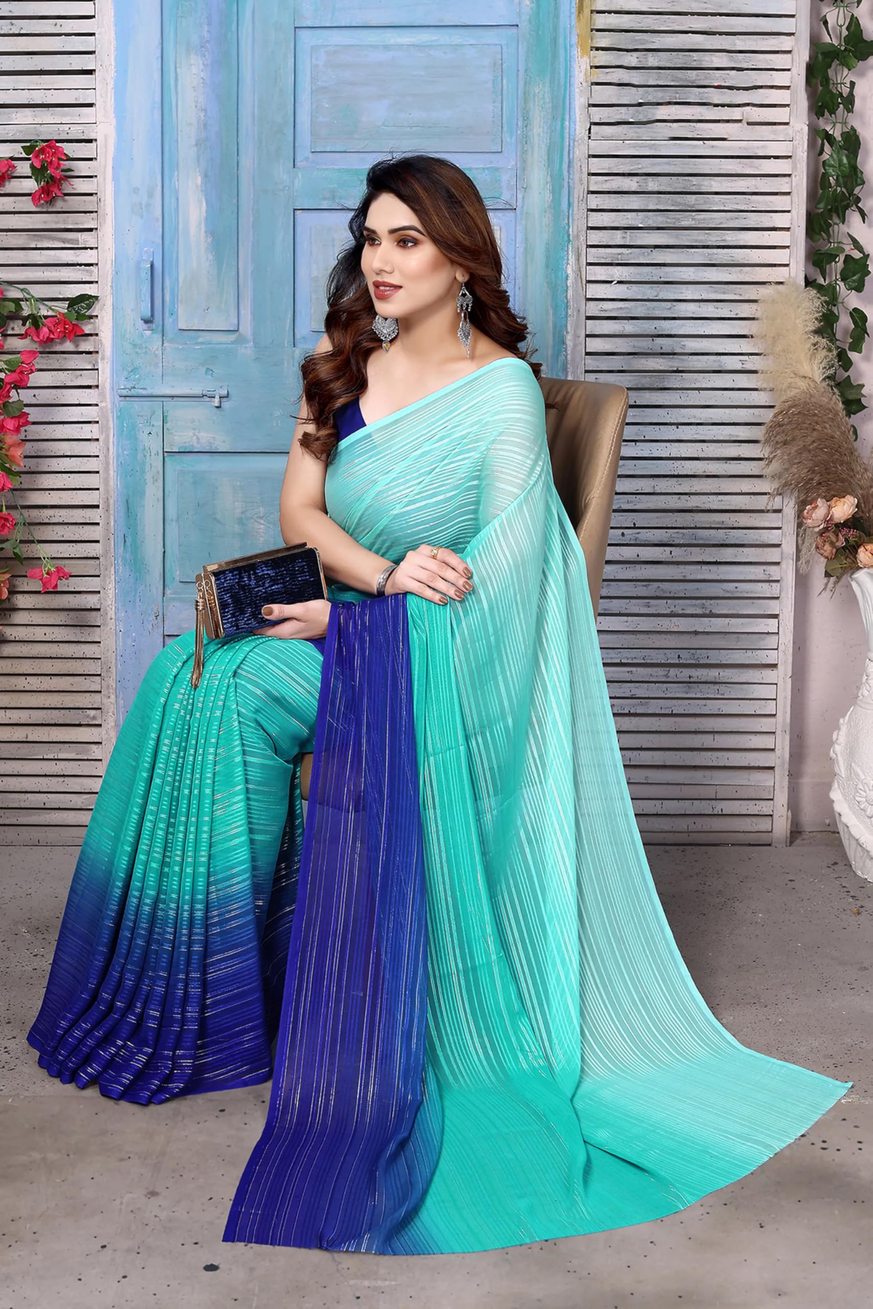 ETHNICMODE saree indiano donna Soft Satin Light Weight Party Turquoise sari indiani donna Blue Blouse Piece-1107