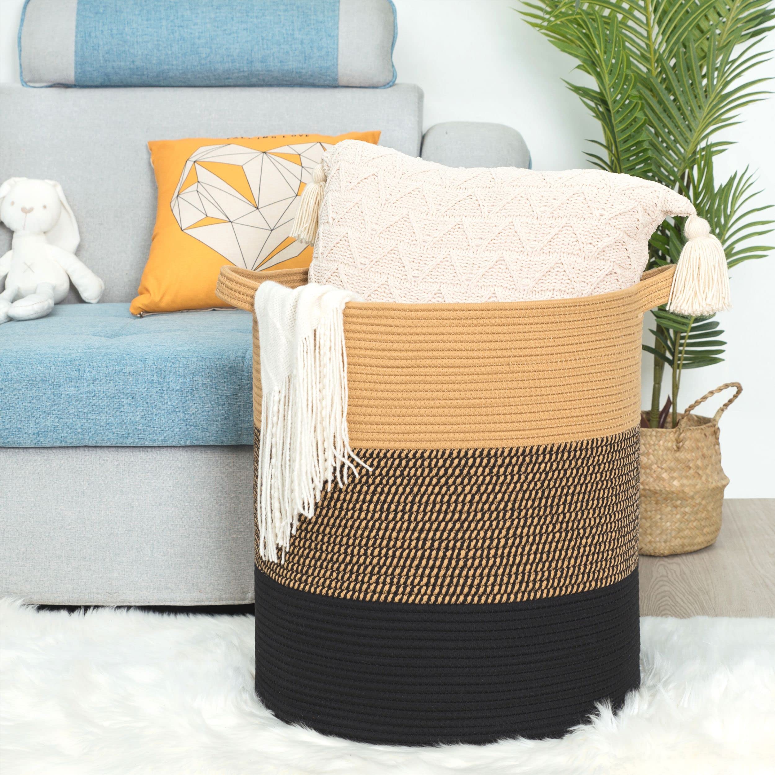 MINTWOOD Design XXXXLarge - Cesto decorativo in corda di cotone, 50 x 45 cm, per soggiorno, cesto della biancheria, cesto per giocattoli, cesto rotondo per cuscini, asciugamani, colore: nero grigio