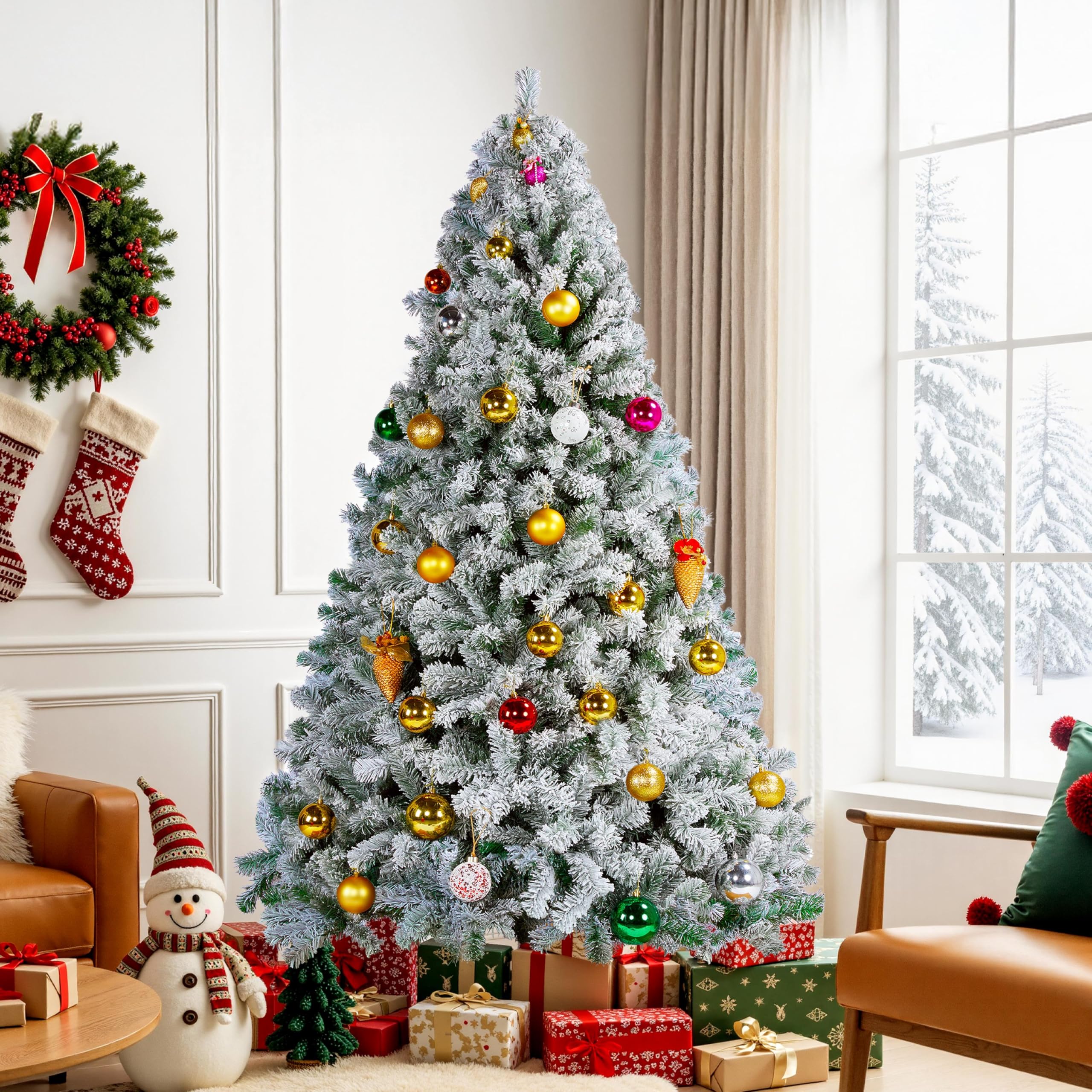 Yaheetech Albero di Natale Innevato Artificiale 228 cm Effetto Realistico Folto 1284 Rami con Supporto in Metallo Pieghevole Decorazioni Nataliaze Bianco