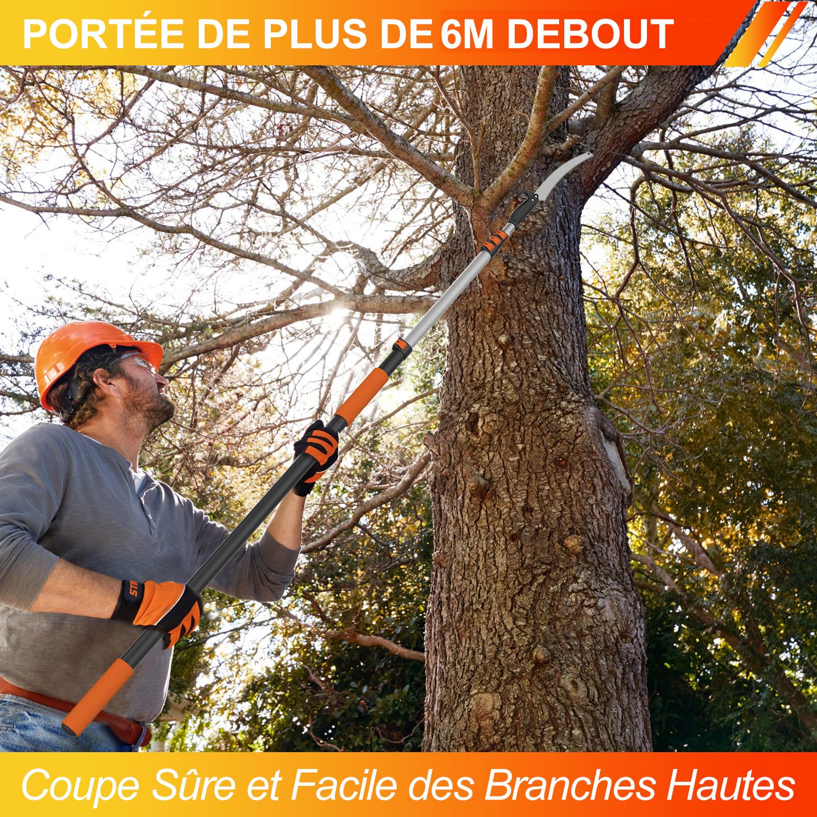 LAANPOLE 6m Scie, Ébrancheur sur Perche Telescopique avec Perche de Extension 1,5-6m, Ébrancheur Manuel pour Jardin, Orange