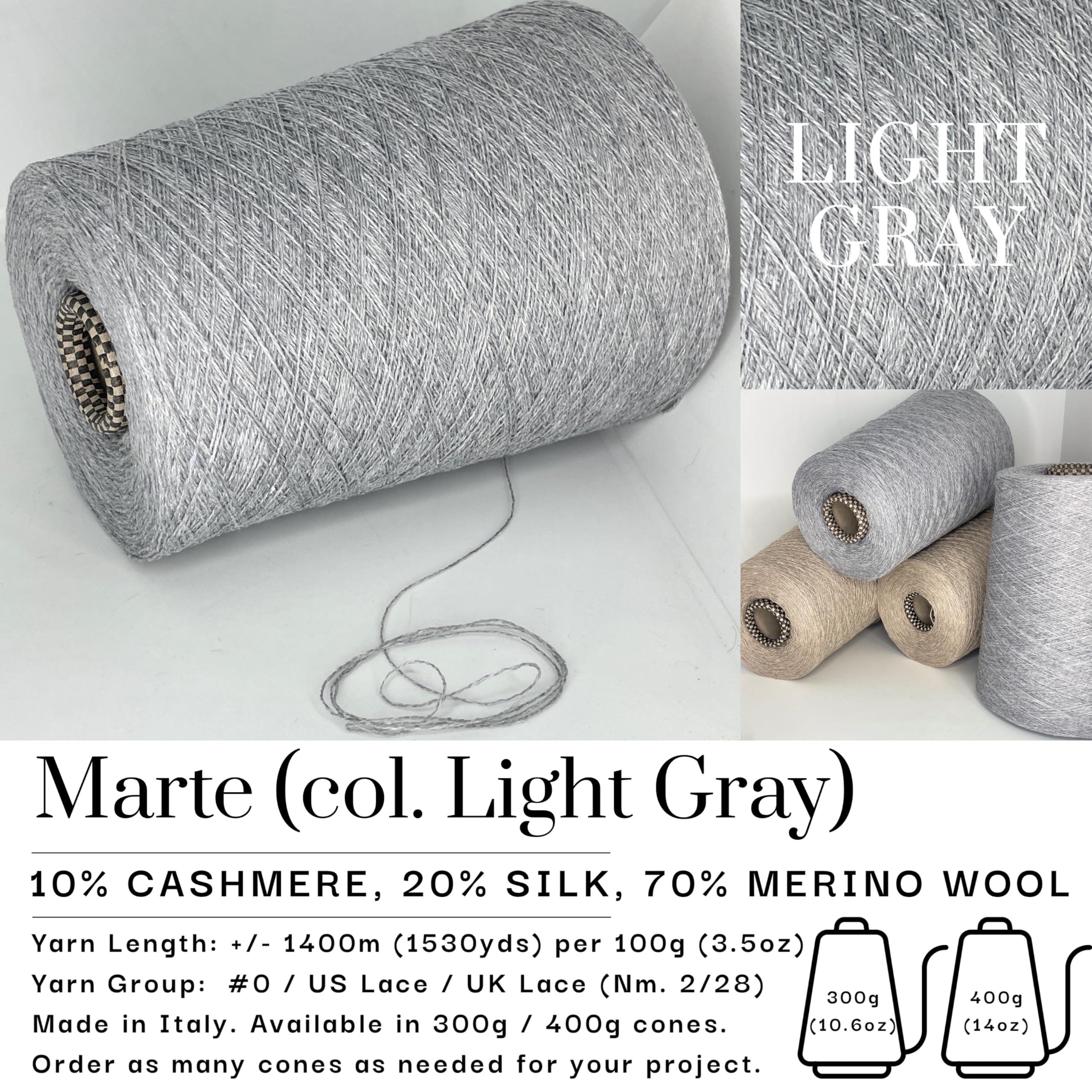 Seide Merinowolle Garn Kone – Lace Gewicht – Weiches Luxusgarn für Stricken & Häkeln (Hellgrau, 400g / 5600m)