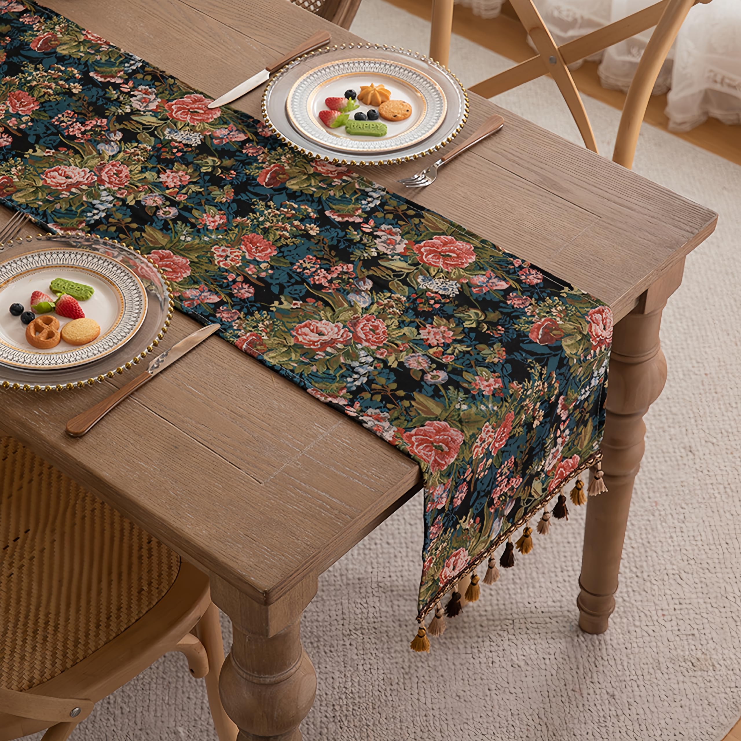 YYKSYDPT Autumn Jacquard Table Runner,Vintage Boho Spring Table Runner with Tassels for Party Holiday Outdoor Banquet Wedding Decoration (04, 33*220cm/13*87in)