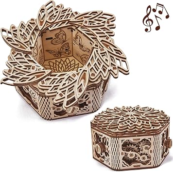 Wood Trick Mystery Flower Fur Elise Wooden Music Box Kit - Keepsake & Jewelry Box - 3D Wooden Puzzle for Adults to Build - DIY