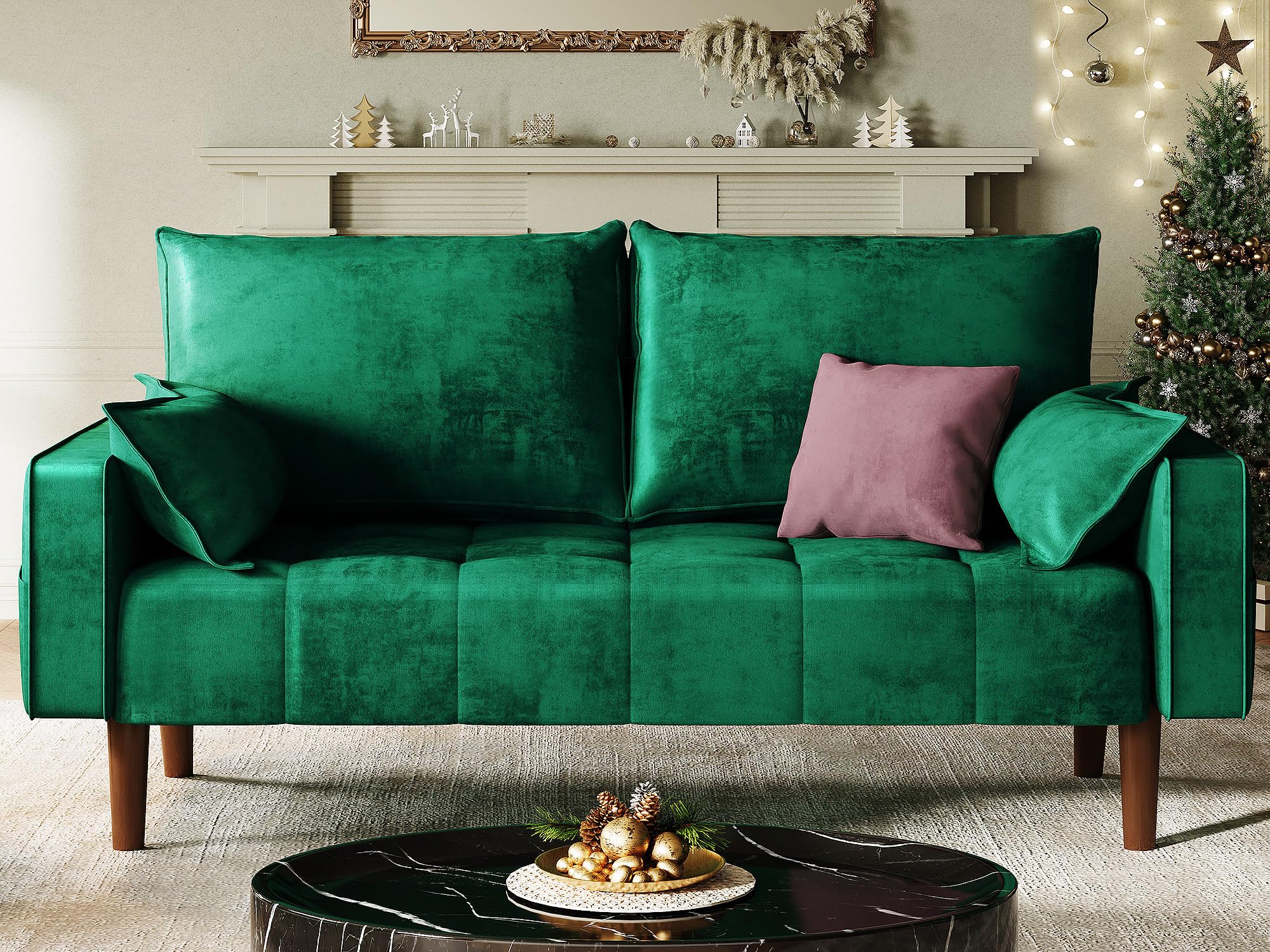 YITAHOME56" Loveseat Sofa, Velvet Fabric Sofa Couch for Small Space, Modern Loveseat with Button Tufted Seat and Side Storage Pockect, 2 Seater Couch for Living Room Bedroom, 2 Pillow Included, Green