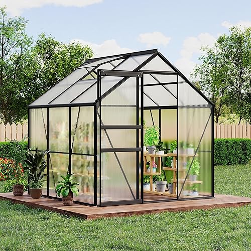 6x6Ft Greenhouse for Outside, Walk-in Greenhouses for Garden Planting, Polycarbonate Greenhouses with Aluminum Frame, Sliding Door＆Adjustable Roof Vent, Outdoor Green House for Backyard & Patio, Black