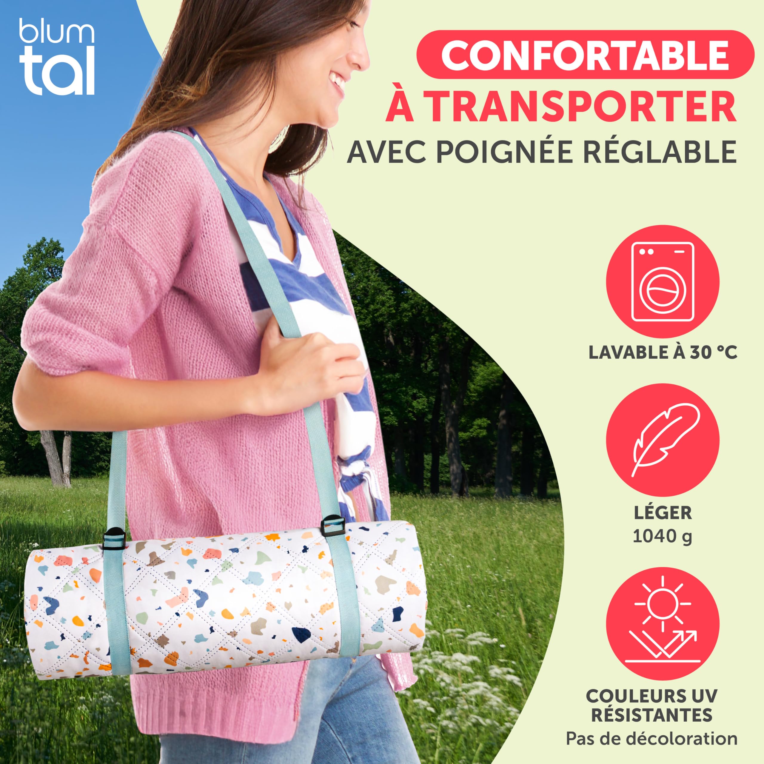 Blumtal Couverture Pique Nique - Couverture Imperméable 200x200 - Tapis de Plage Anti-Sable Lavable - Plaid Imperméable - Nappe Pique Nique en Tissu Oxford Robuste - Motif Terrazzo