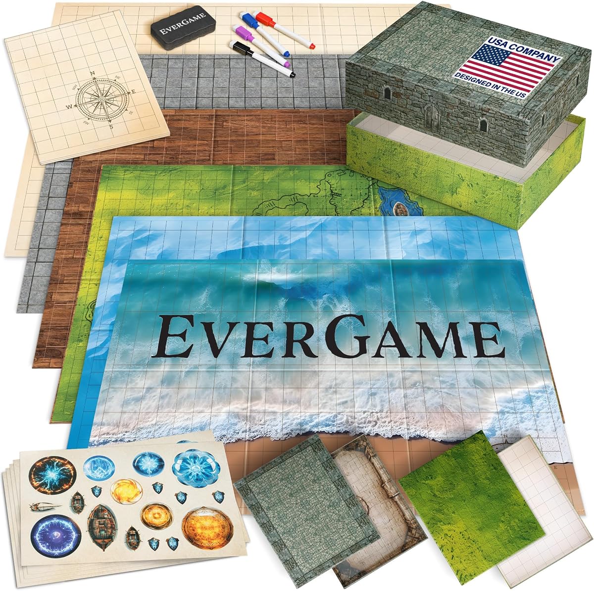 10 tapetes de juego DnD + arenas de batalla + pegatinas + marcadores, 22x26", cuadrícula cuadrada