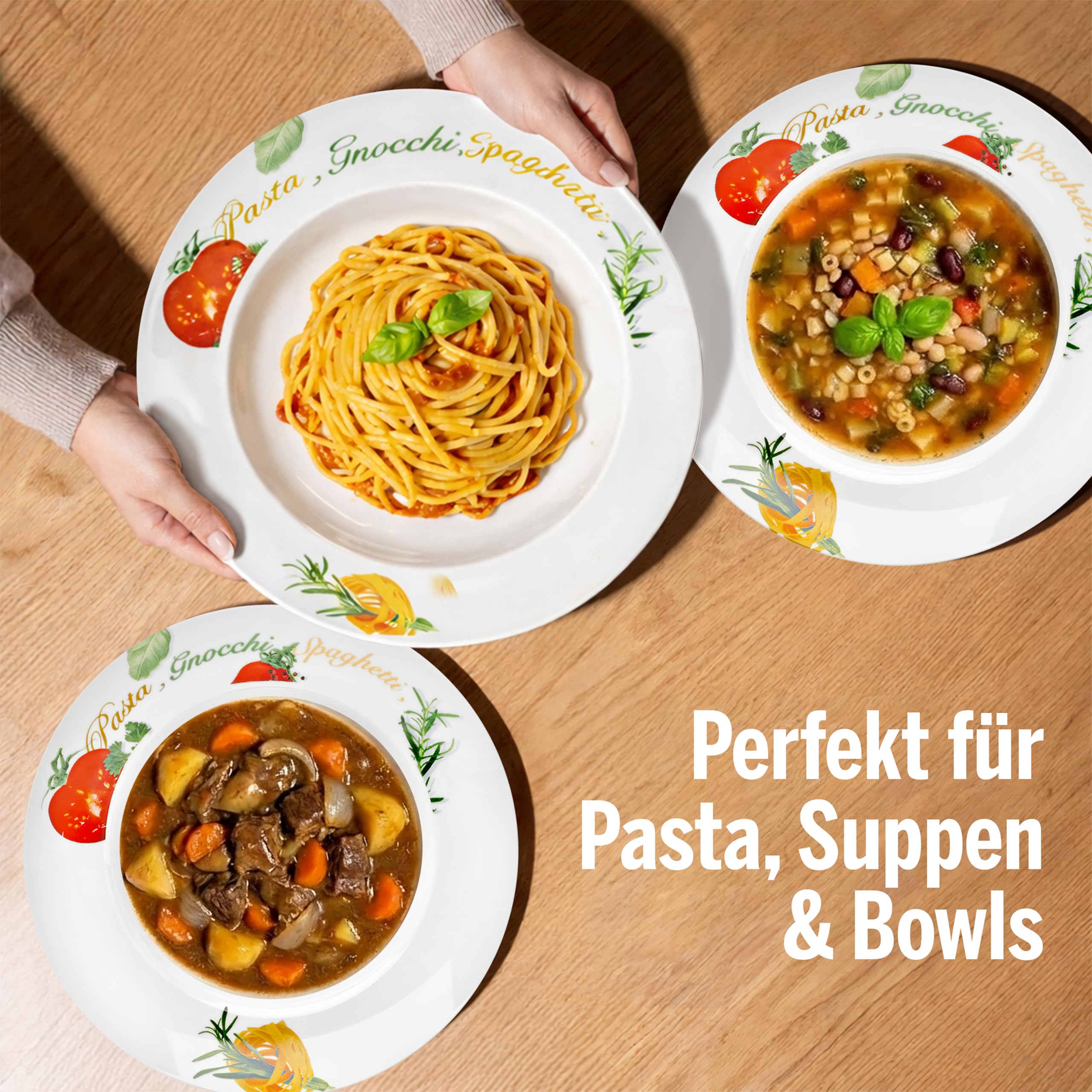 Van Well Milano Pastateller 6er-Set Ø 27 cm – Porzellan Pasta Teller im Milano-Stil – Tiefe Teller für Pasta, Bowls & als Suppenteller – Service & Geschirrset 6 Personen – Robustes Porzellan-Geschirr