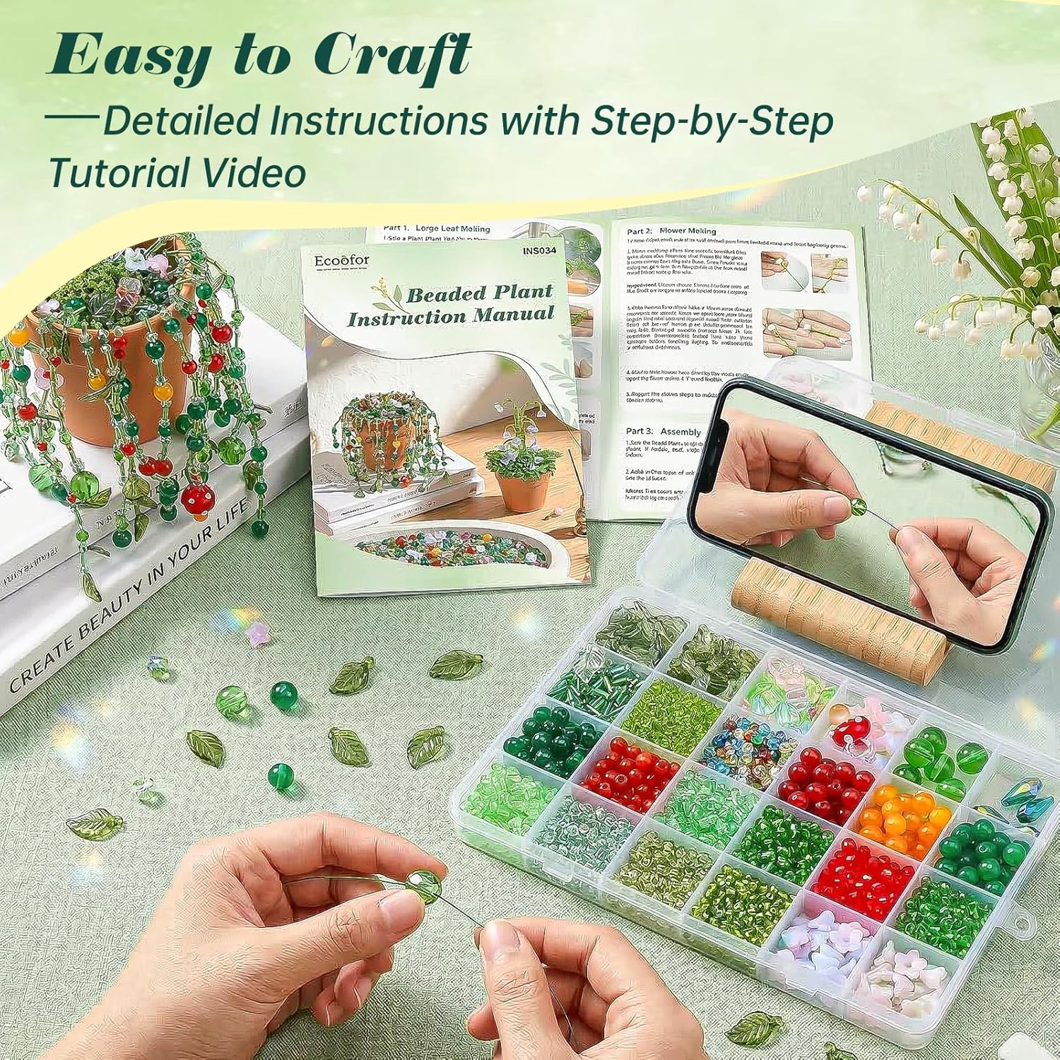 Ecoofor Green Beads Beaded Plant Kit 2576Pcs DIY Kit, Green Glass & Crystal Leaf Beads, Video Tutorials, Desk Gifts, Handmade Gifts for Plant Lovers, Beaded Plant kit