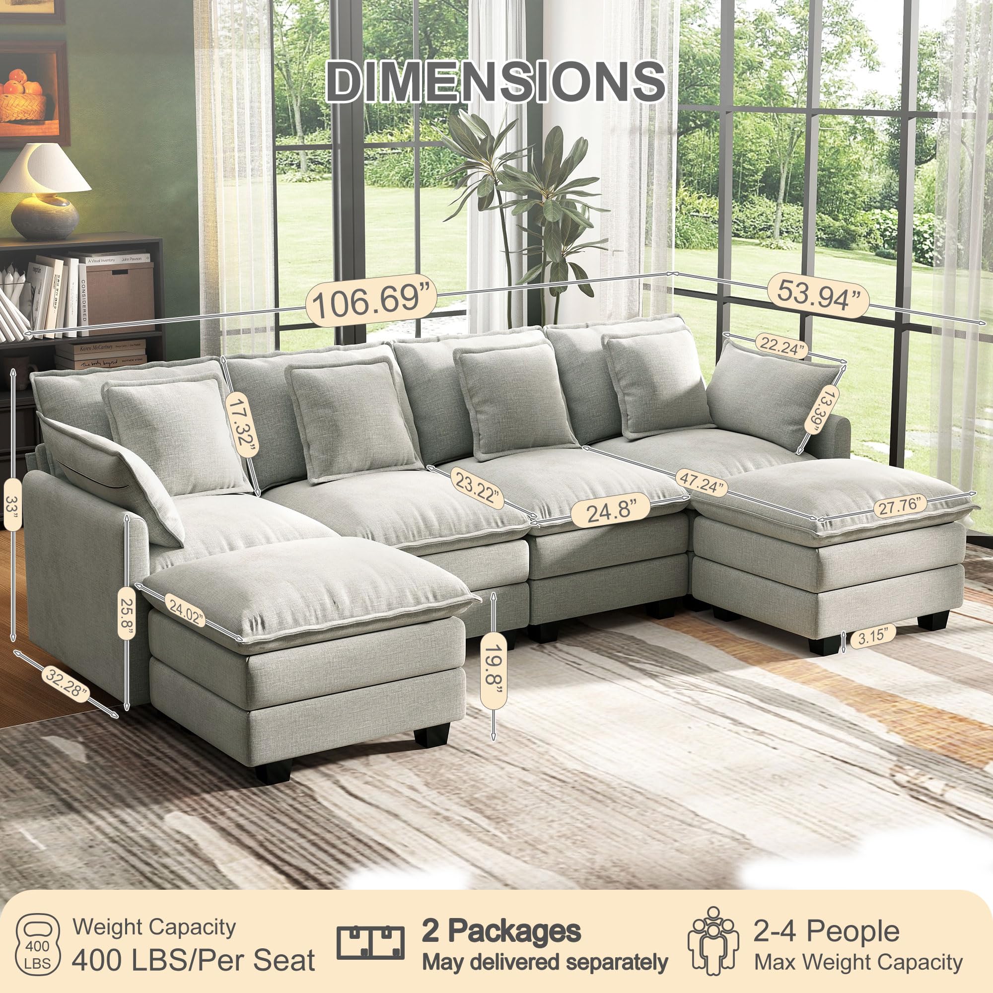 Hanherry 107' Cloud Couch Sectional, U Shaped Modular Sectional Sofa, 4-Seat Dee — product photo