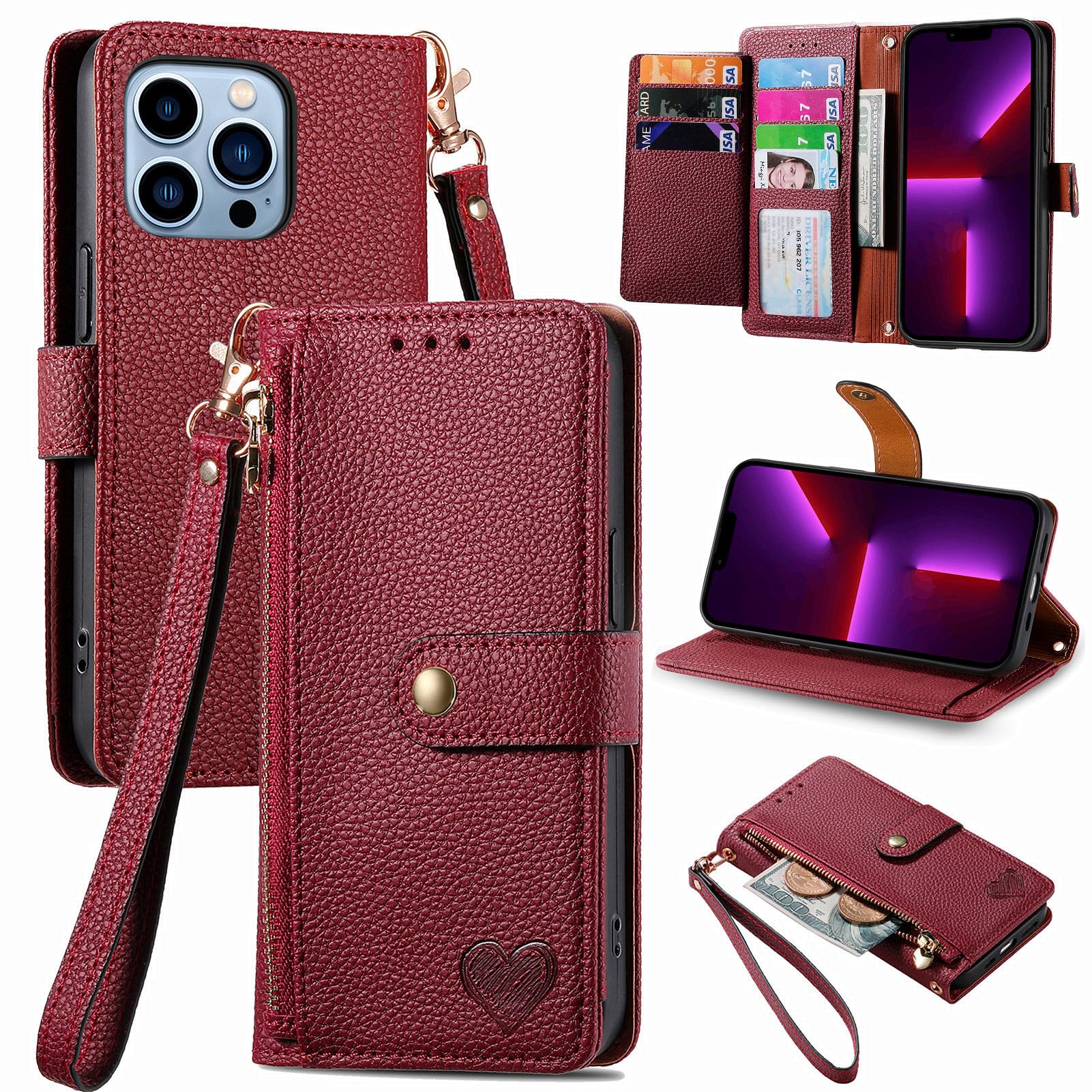 Zipper Wallet Case for Apple iPhone 13 Pro Phone Case with Purse Card Holders RFID Blocking Leather Flip Case Book Cover Wrist Strap Women - Red