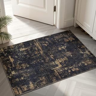 Sasttie 2x3 Entryway Area Rug, Modern Abstract Small Carpet, Black & Gold | Machine Washable, Ultra-Soft Faux Wool, Non-Slip, Low Pile, Thin, for Entrance, Door-Mat, High-Traffic Areas