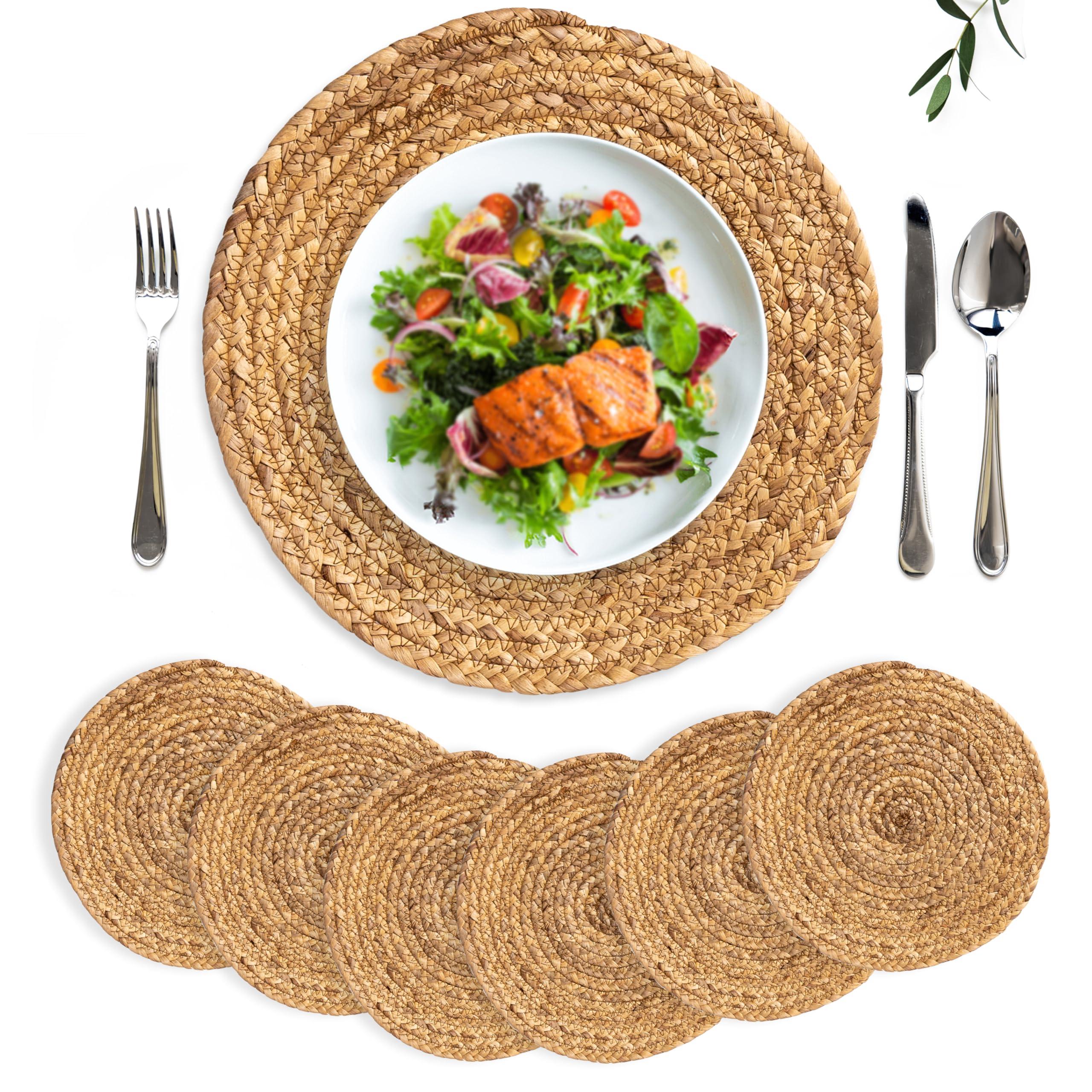 BARIEN 13 inches Woven Placemats Round Set of 6, Natural Water Hyacinth ...