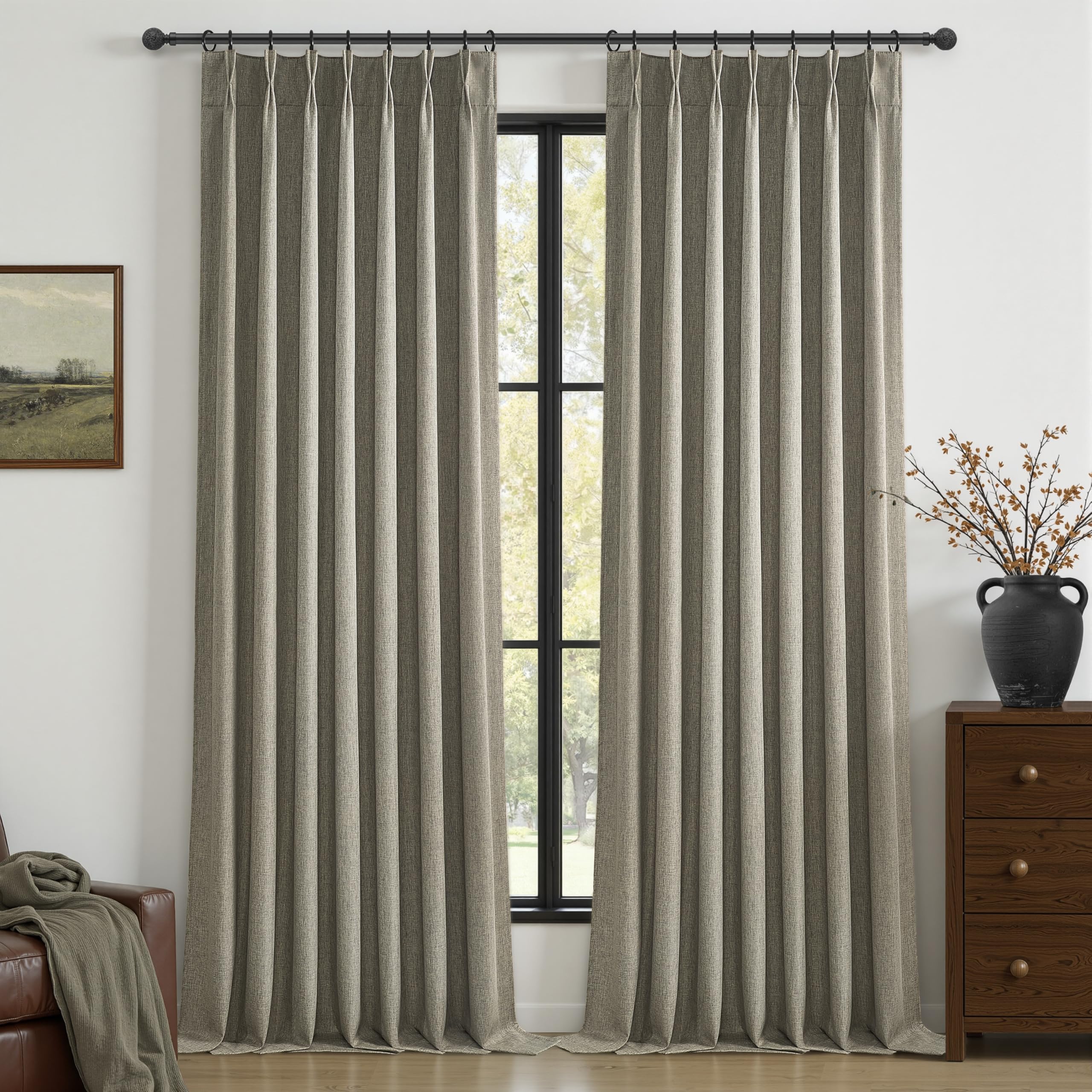 Grey Green Blackout Linen Curtains 96 Inches Long for Living Room Bedroom, Pinch Pleated Boho Light Drapes Viral Window Curtain with Pinch Pleat Clips Thermal Insulated for Winter (40"Wx96"Lx2Panels) — image 1