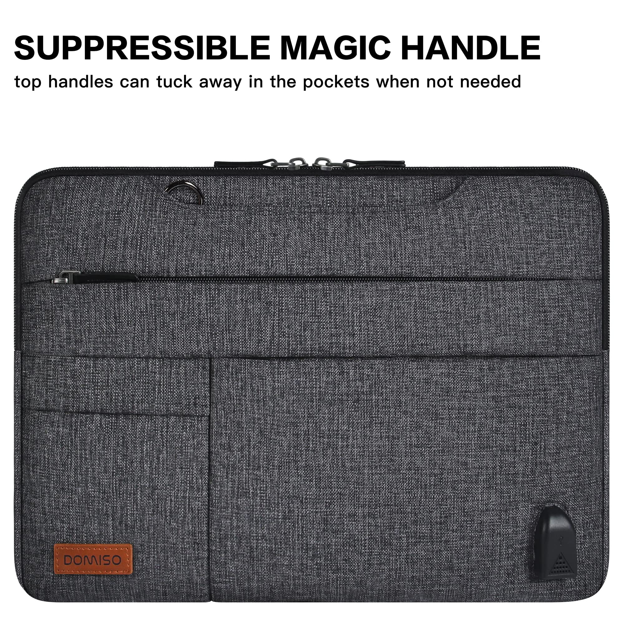 Housse Ordinateur Portable 14 Pouces Imperméable - Avec Port USB, Bandoulière, Gris Foncé