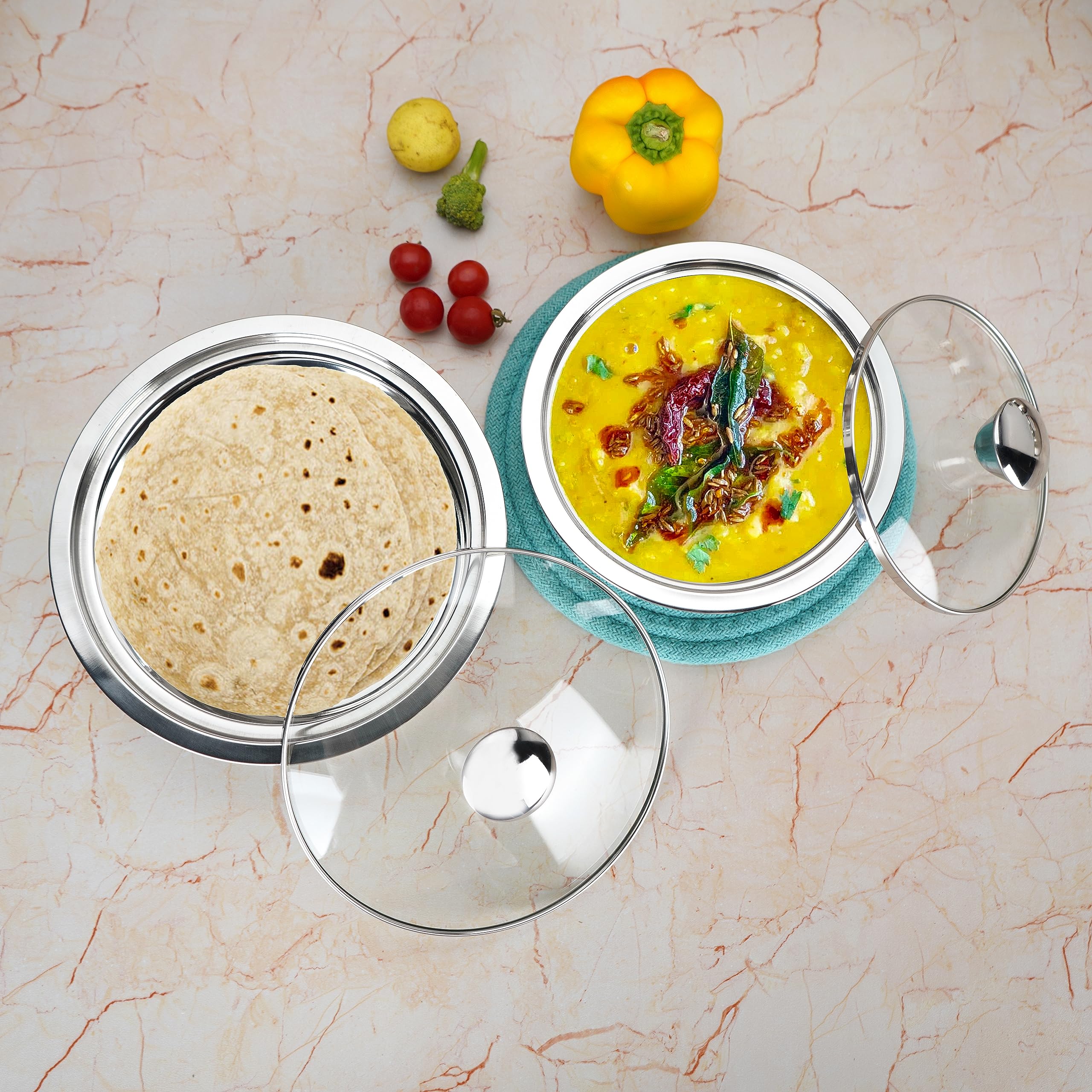 Sumeet Smart Serve - Set di 2 pentole isolanti in acciaio inox per sabji/sugo e roti/chapati da 1 l ciascuno, colore: argento