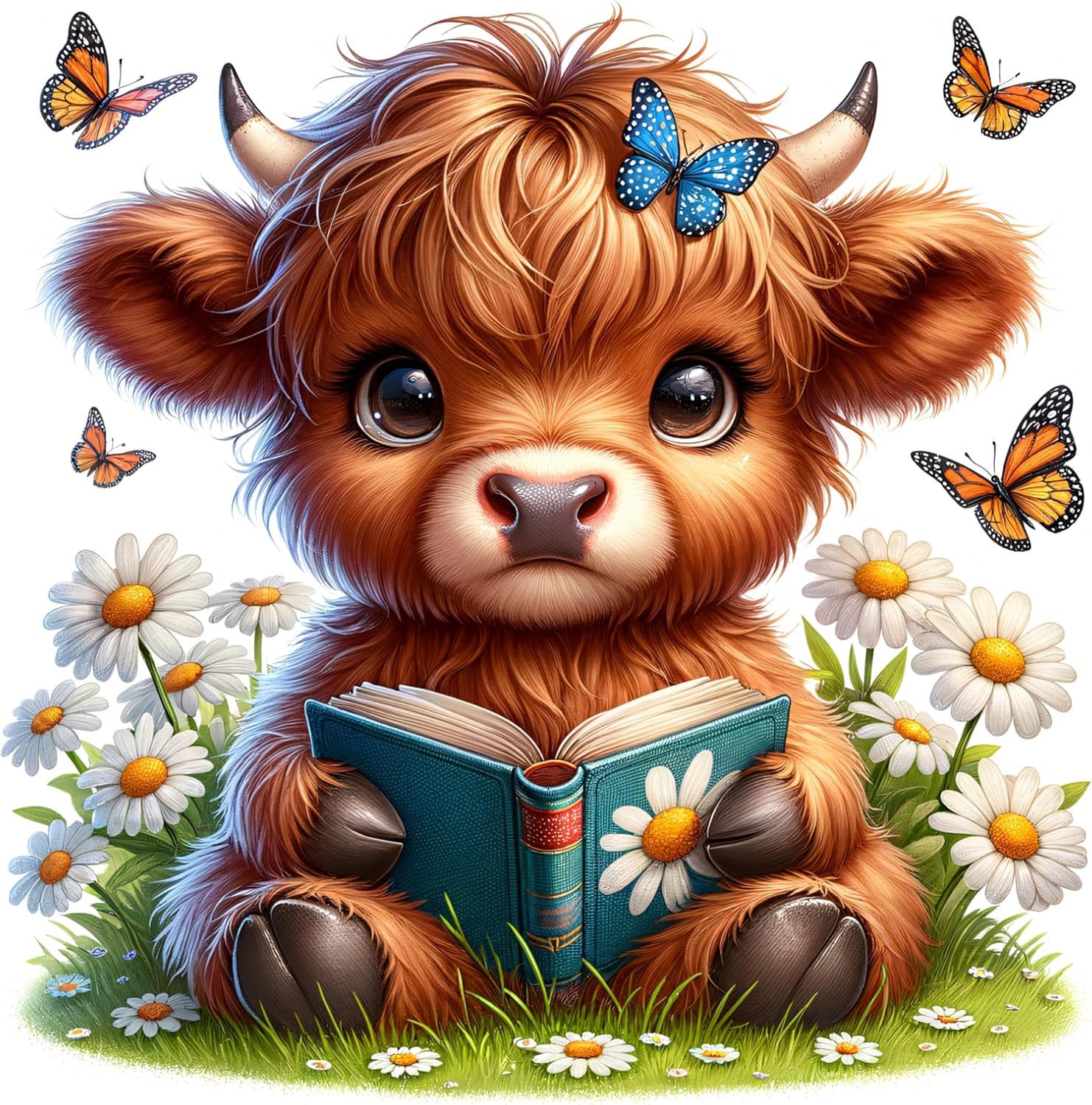 Fabric Panel 8"x8" Reading Highland Cow 100 Cotton