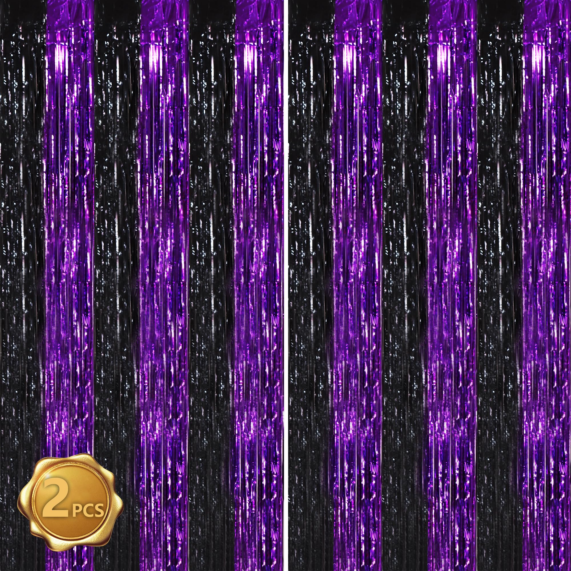 RIBBOOO Black Purple Foil Fringe Tinsel Curtains Halloween Glitter Streamer