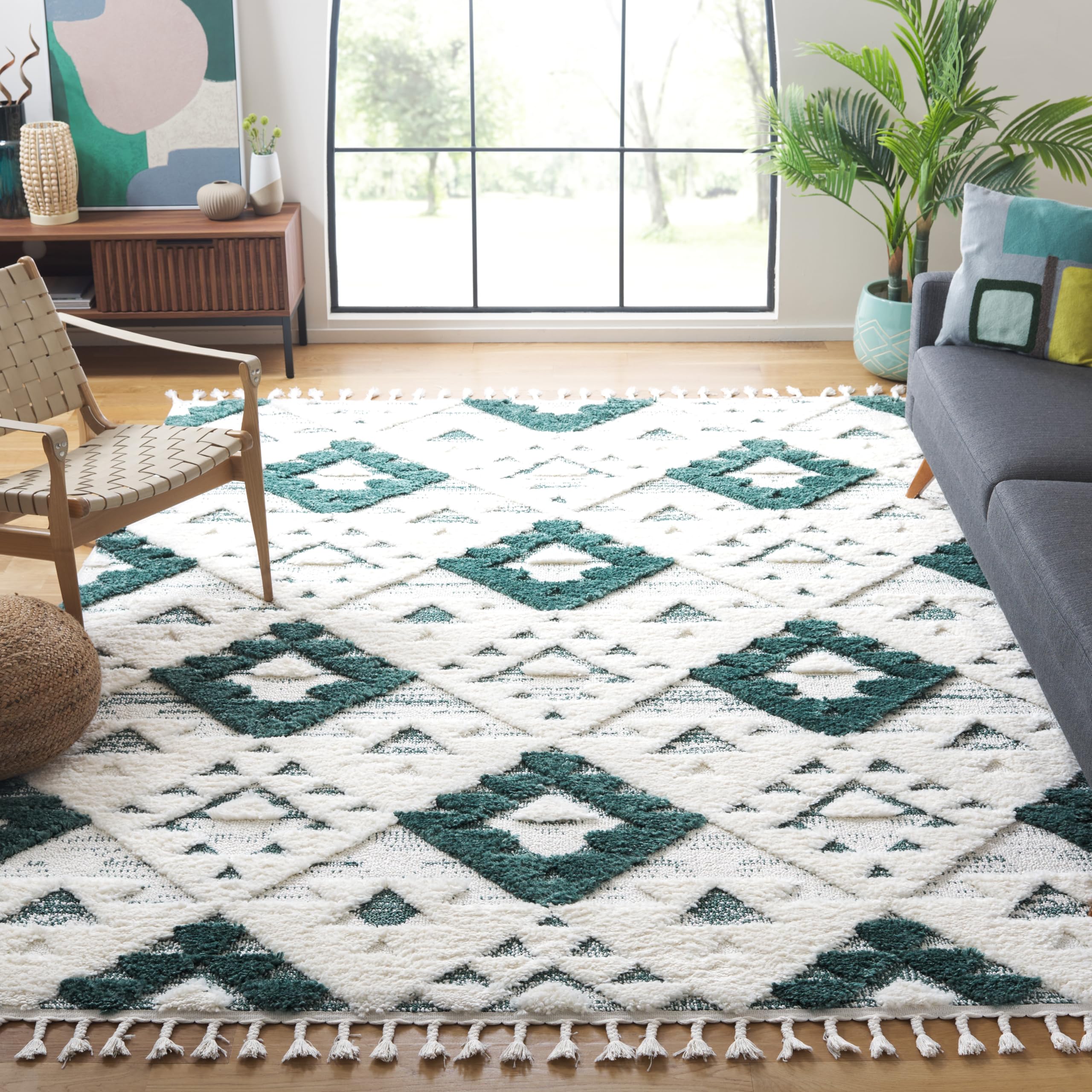 SAFAVIEH Area Rug 8x10 - Moroccan Tassel Shag Collection - Large - Green & Ivory, Non-Shedding & Easy to Clean, Plush High-Low Texture, Ideal for