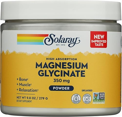 SOLARAY Polvo de glicinato de magnesio 350 mg - Polvo de magnesio sin sabor - Suplemento de magnesio para apoyo óseo, muscular y relajante - Vegano