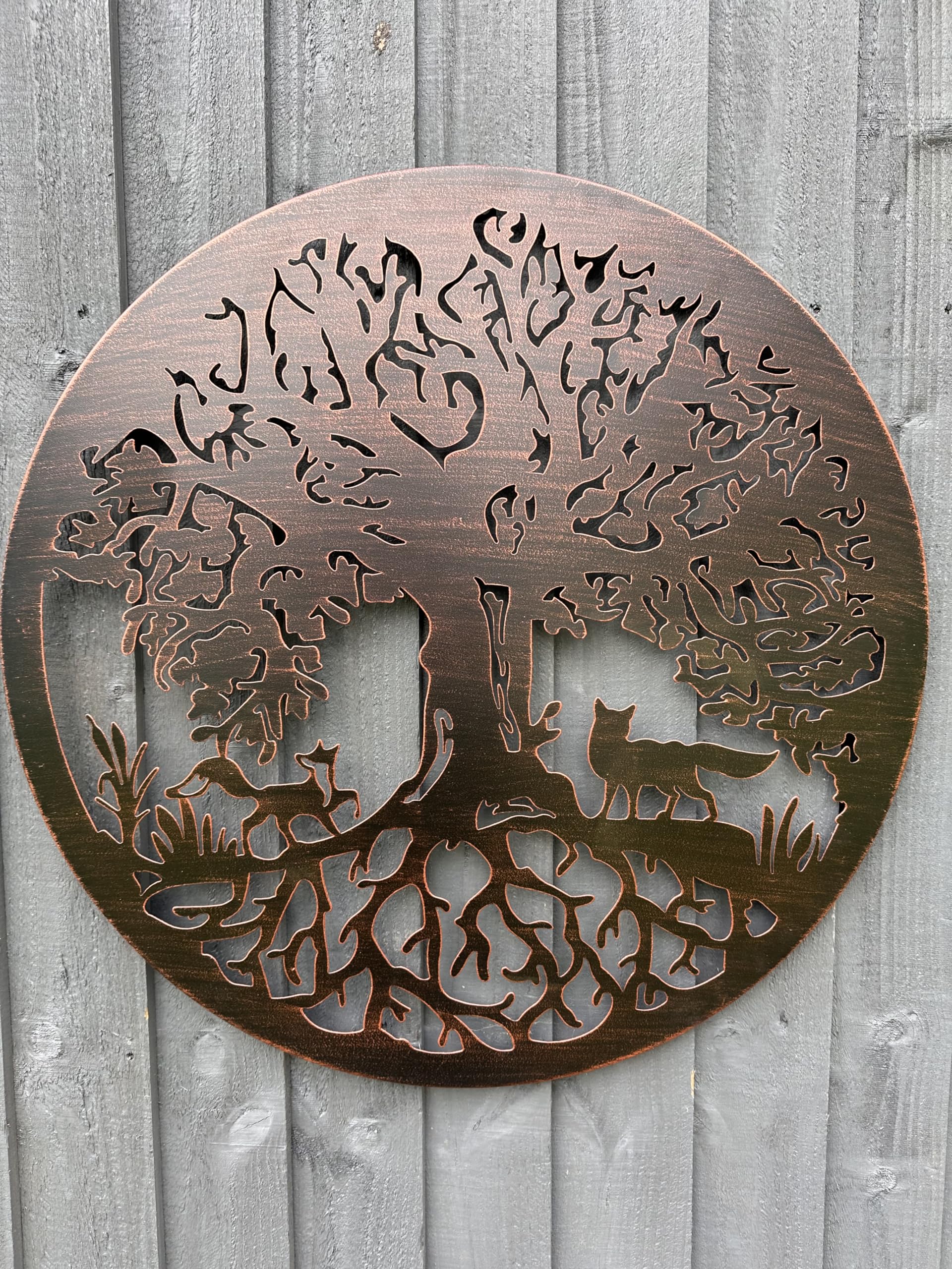 Handmade bronze 60cm wall plaque Tree of life with roots Wall Plaque with two foxes, powder coated steel Metal, Garden/indoor Wall Art