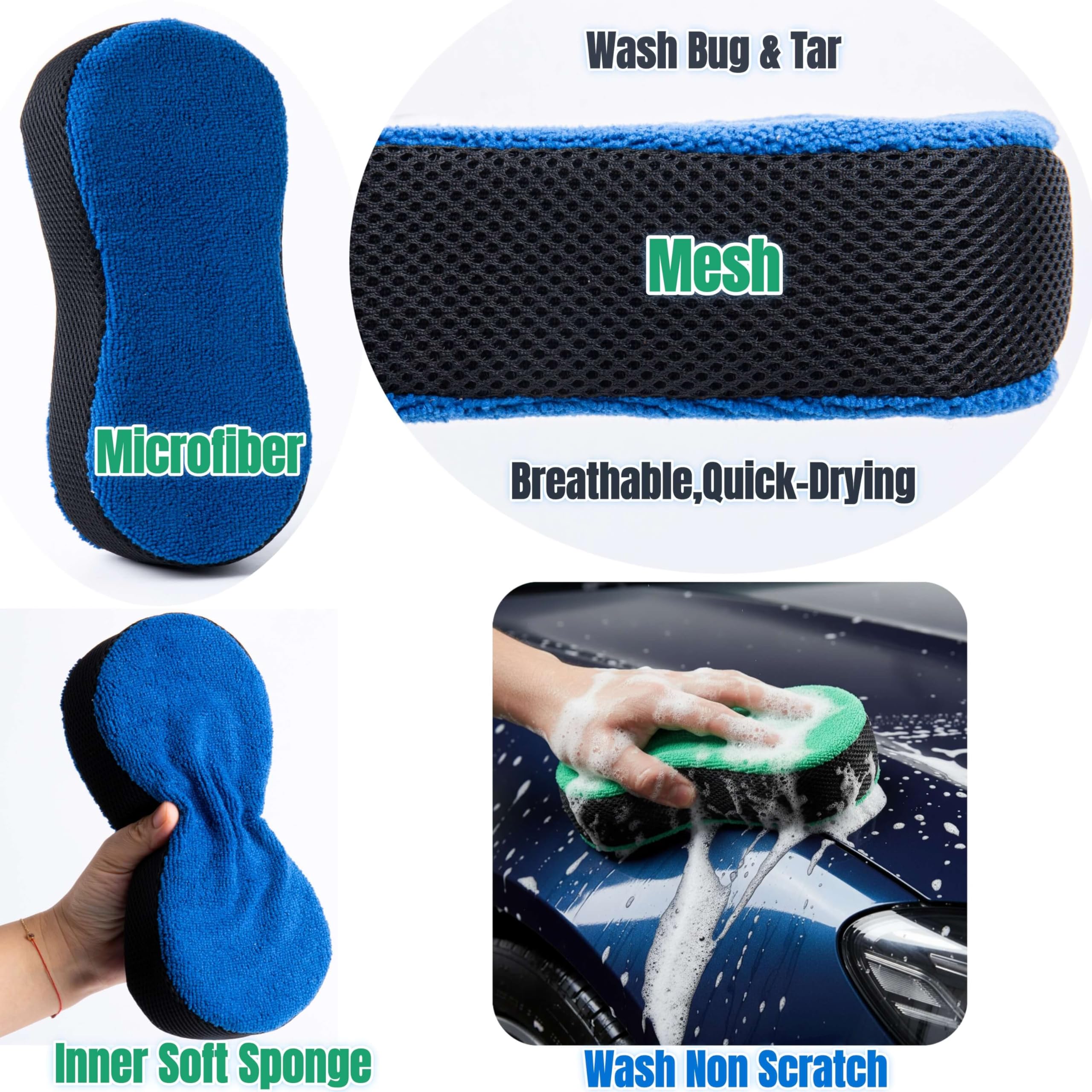 (5 Pack) Microfibre Car Cleaning Sponges & High-Density Car Sponges For Washing, Hygiene Colour-Coded, Non-Scratch, Multi-Use Big Sponge | Car Sponge For Inside, Wheels, Windscreens & Bodywork — view 4