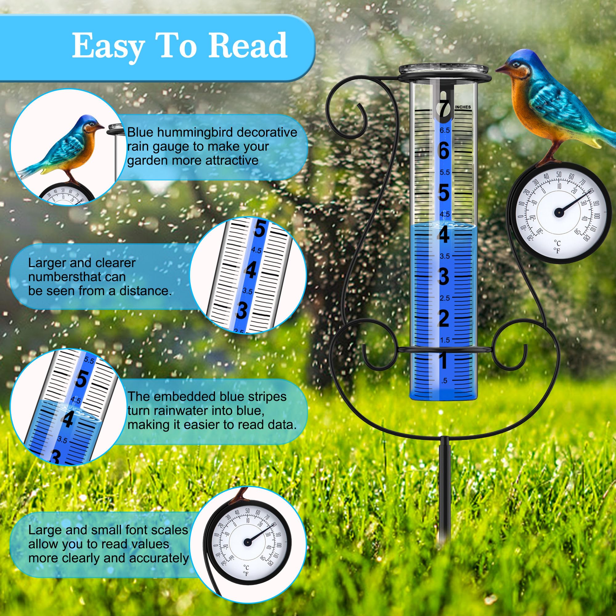 Regenmesser für den Außenbereich, großer farbiger digitaler Regenmesser mit Metallkolibri und Temperatur- und Hygrometer, höhenverstellbar, große Kapazität, für Garten, Deck, Rasen,