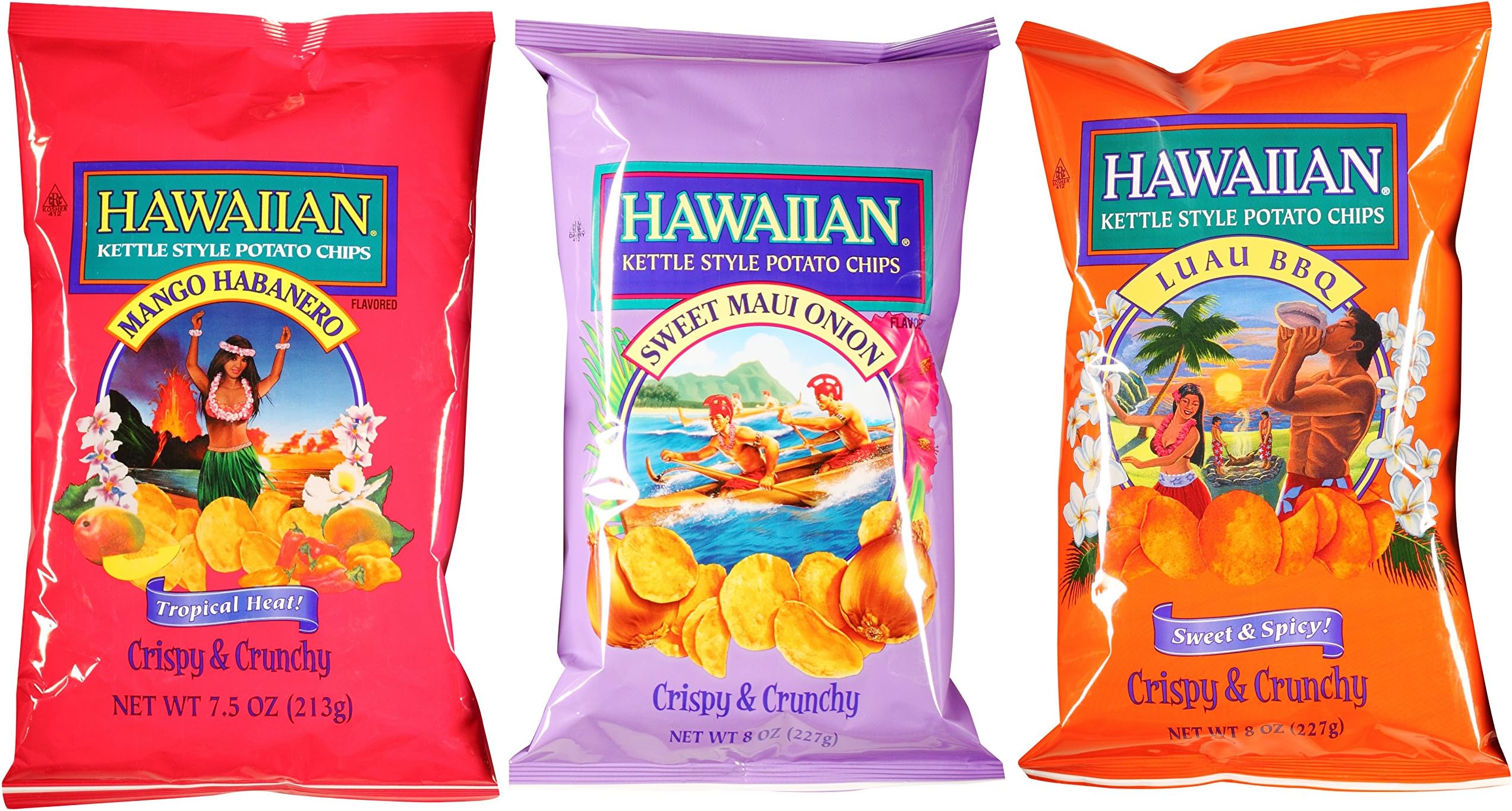 Kettle Chips Variety Bundle: (1) Mango Habanero Kettle Style Potato Chips 7.5oz, (1) Sweet Maui Onion Kettle Style Potato Chips 8oz, (1) Luau BBQ Kettle Style Potato Chips 8oz (3 Pack Total)