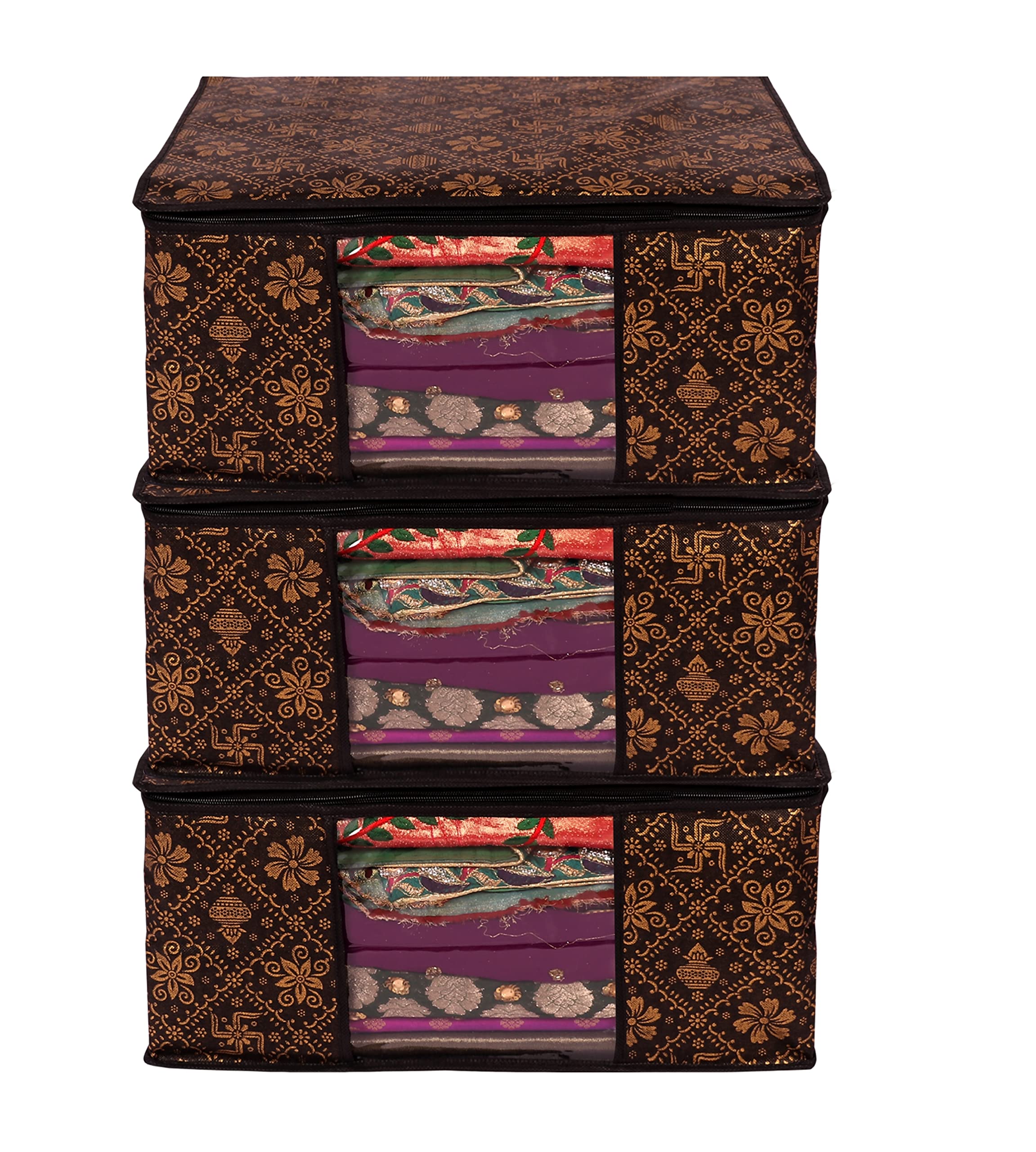 PENADIA3 Piece Printed Non Woven Saree Cover Set,Clothes Organiser For Wardrobe Set with Transparent Window And Zipper (PACK OF 3, B-15 Black swastik)