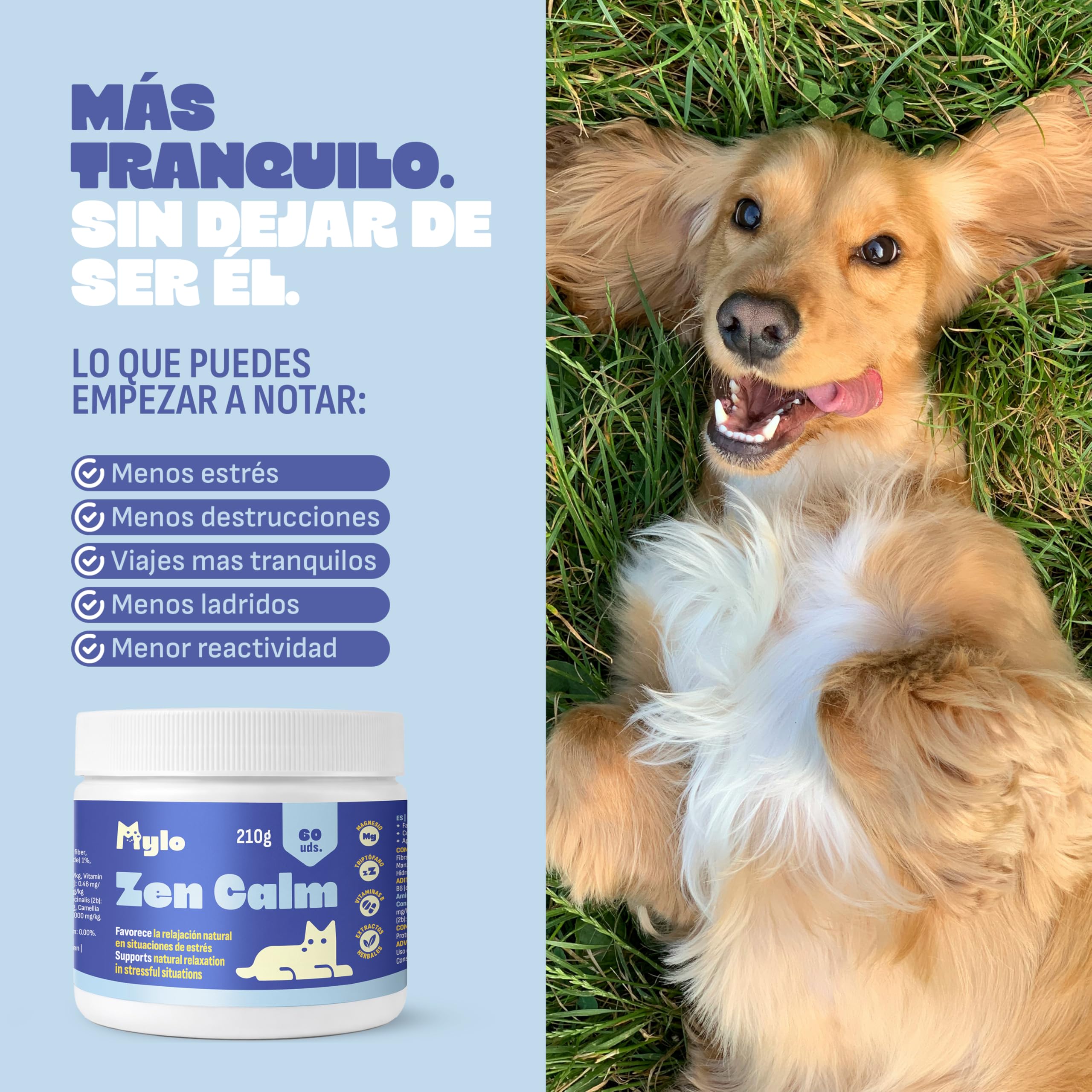 MYLO Calmante per cani, ansia da separazione, tempeste e viaggi, alternativa ai feromoni per cani, con magnesio, triptofano e ashwagandha, 60 pezzi