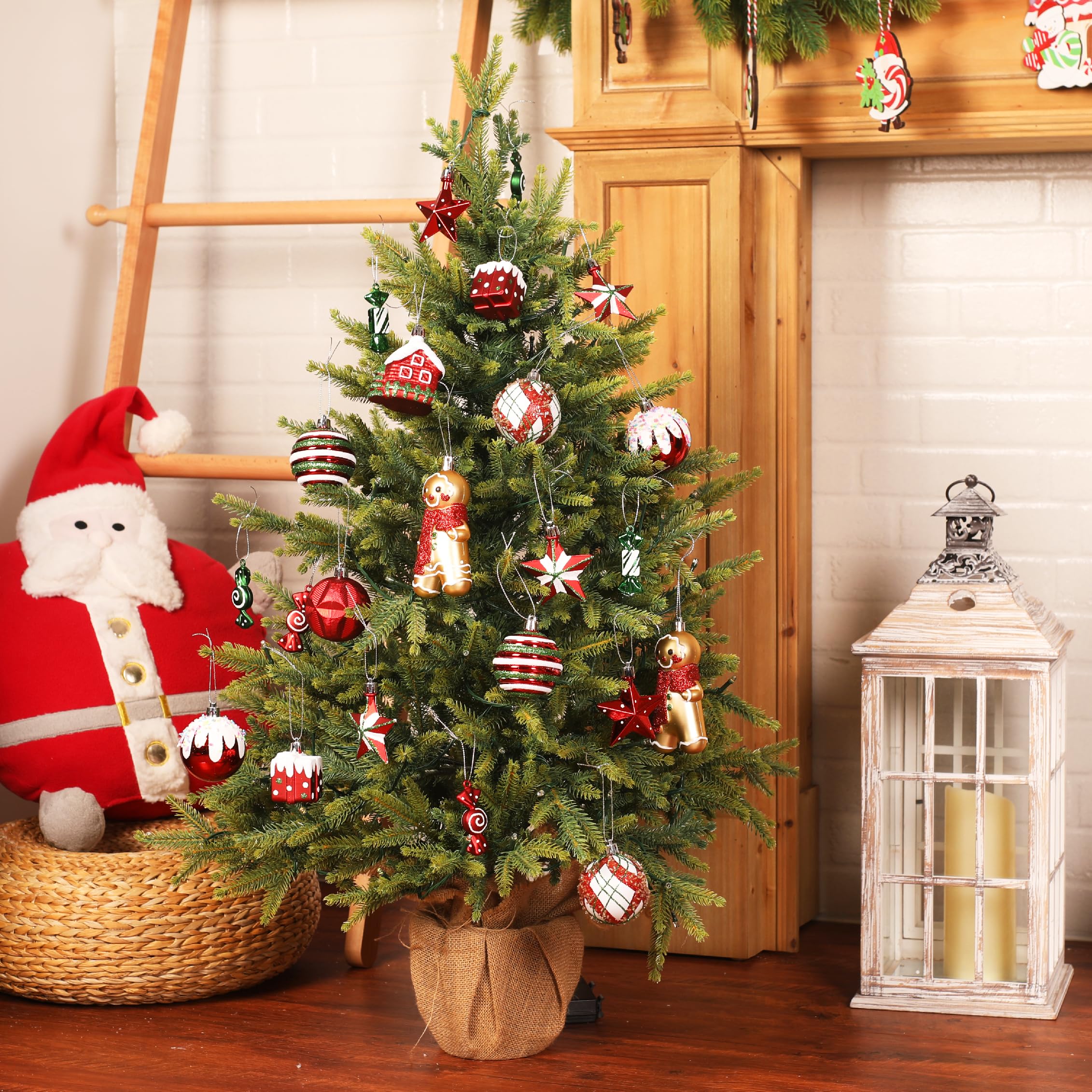 SHareconn Set di 65 Palline di Natale Decorazioni, in Plastica Infrangibile, Decorazione per Albero di Natale & Feste Matrimoni, Diverse Forme di Palline con corda, Rosso & Verde & Bianco