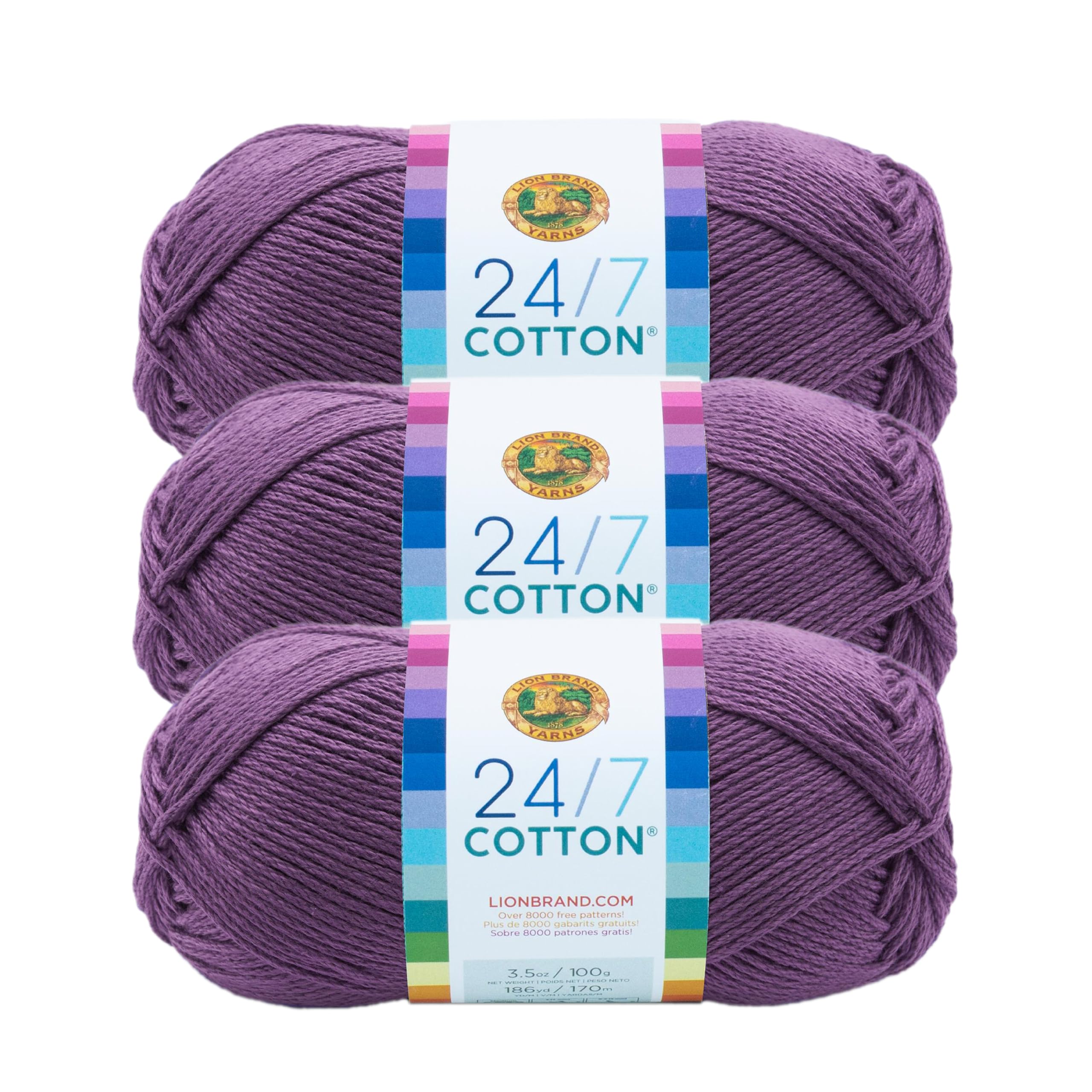 Lion Brand 24/7 Cotton Yarn, Lightweight Yarn for Knitting, Crocheting, and Crafts, Purple, 3 Pack